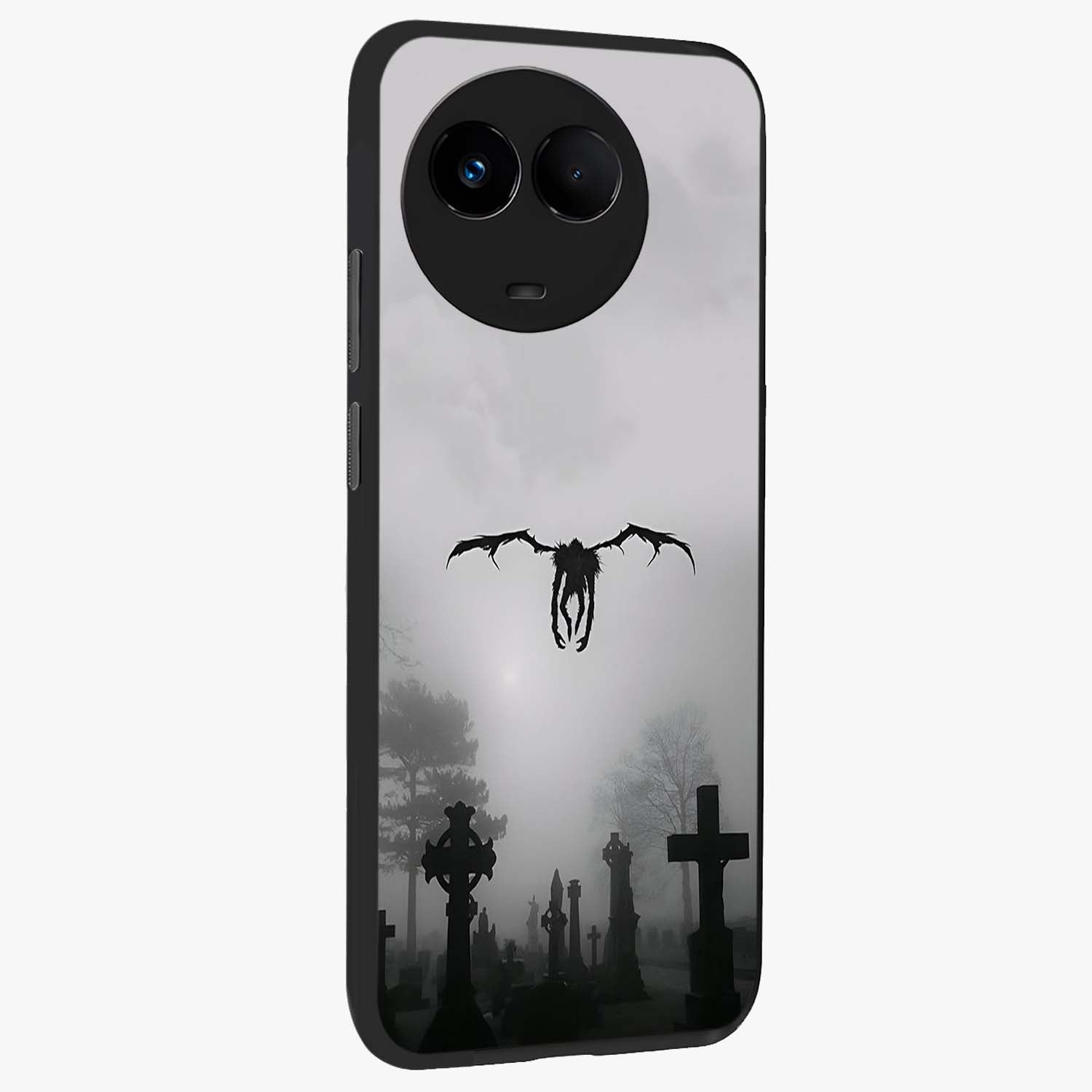 Graveyard Shadow Descent Glass Case upright view showcasing haunting graveyard artwork with dramatic dark theme.