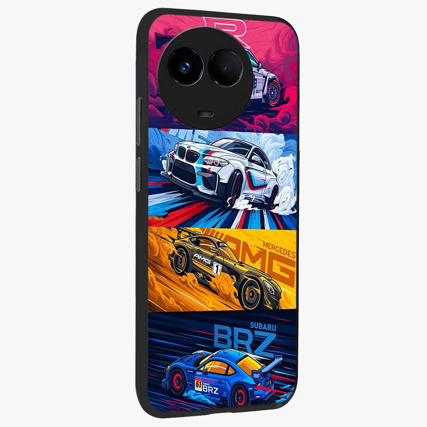 JDM Sports Car Glass Case upright view showcasing dynamic sports car artwork with bold racing theme.