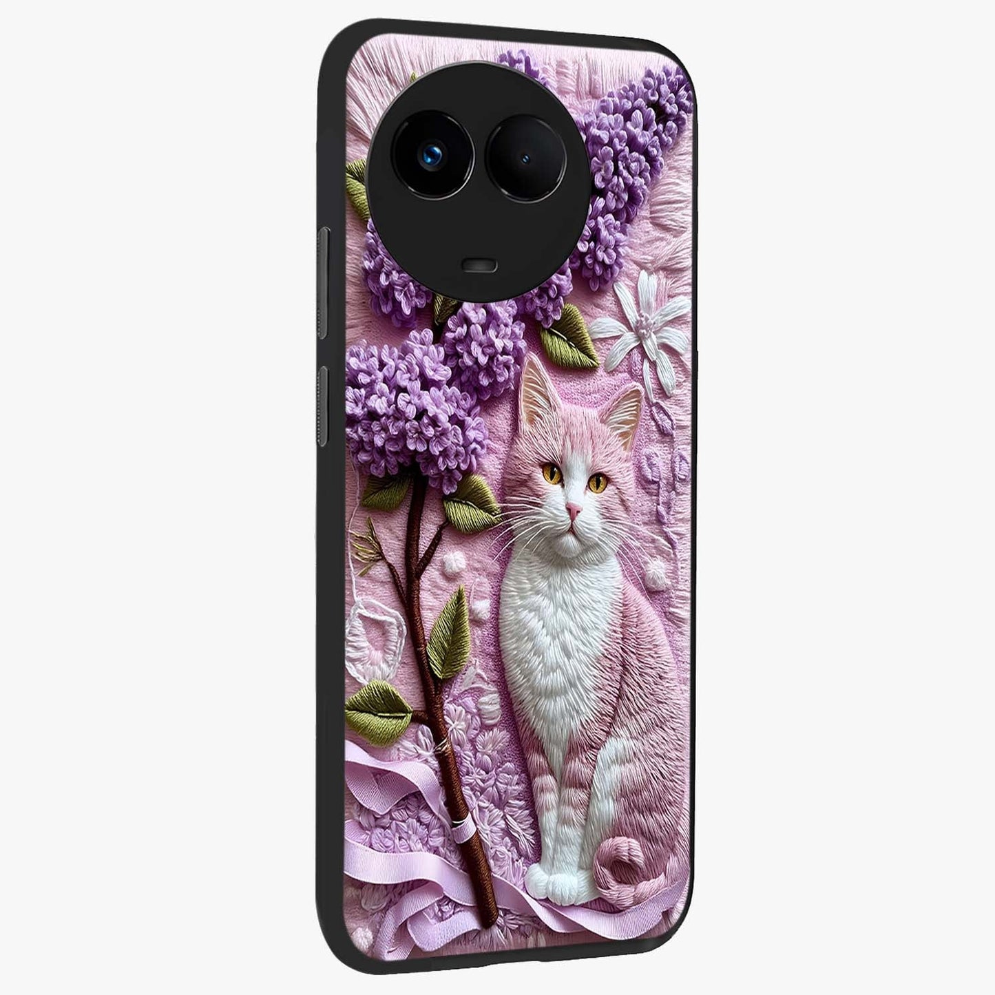 Lavender Cat Whimsy Glass Case upright view showcasing charming cat artwork with whimsical lavender theme.