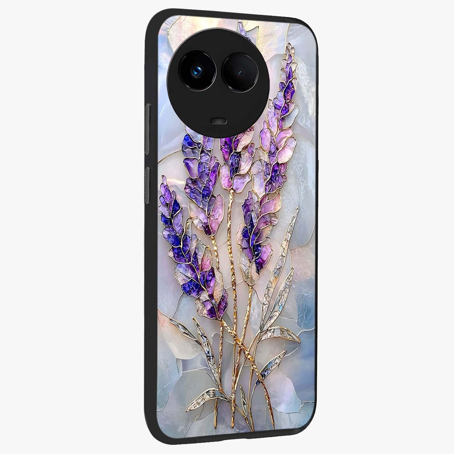 Lavender Dream Glow Glass Case upright view showcasing radiant lavender glow artwork with calming dreamy theme.