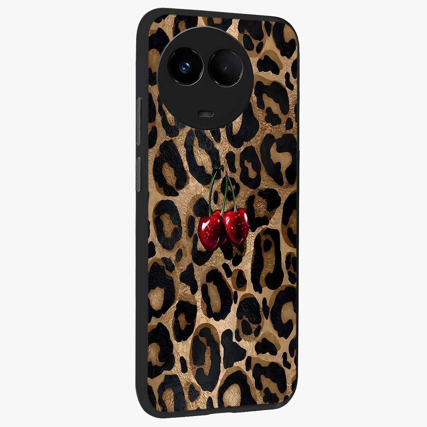 Leopard Wild Cherry Glass Case upright view showcasing stylish leopard pattern artwork with trendy fashion theme.