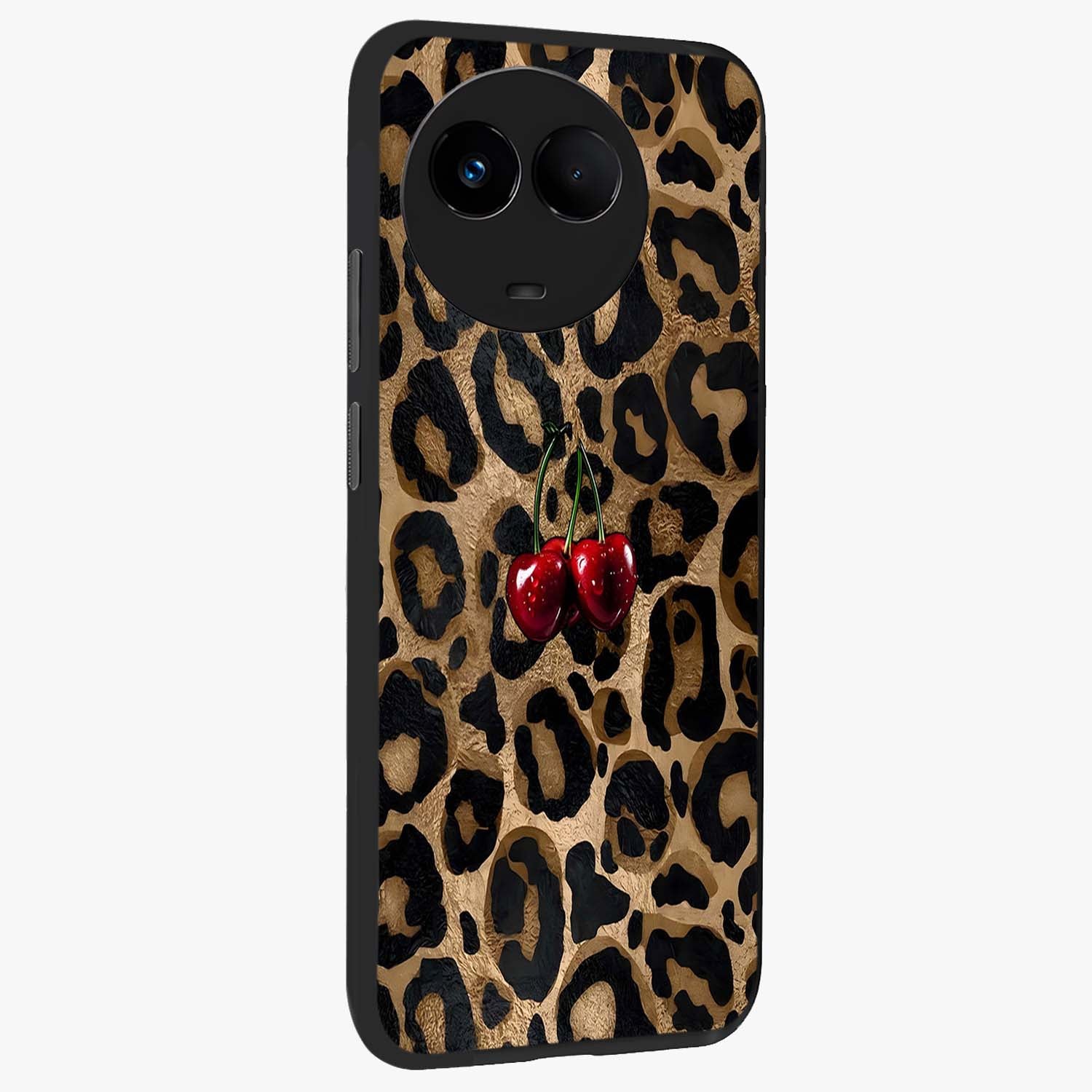 Leopard Wild Cherry Glass Case upright view showcasing stylish leopard pattern artwork with trendy fashion theme.