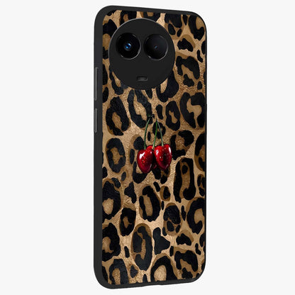 Leopard Wild Cherry Glass Case upright view showcasing stylish leopard pattern artwork with trendy fashion theme.