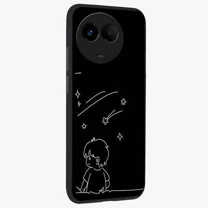 Line Art Boy With Shooting Stars Glass Case upright view showcasing artistic shooting star illustration with minimal style.