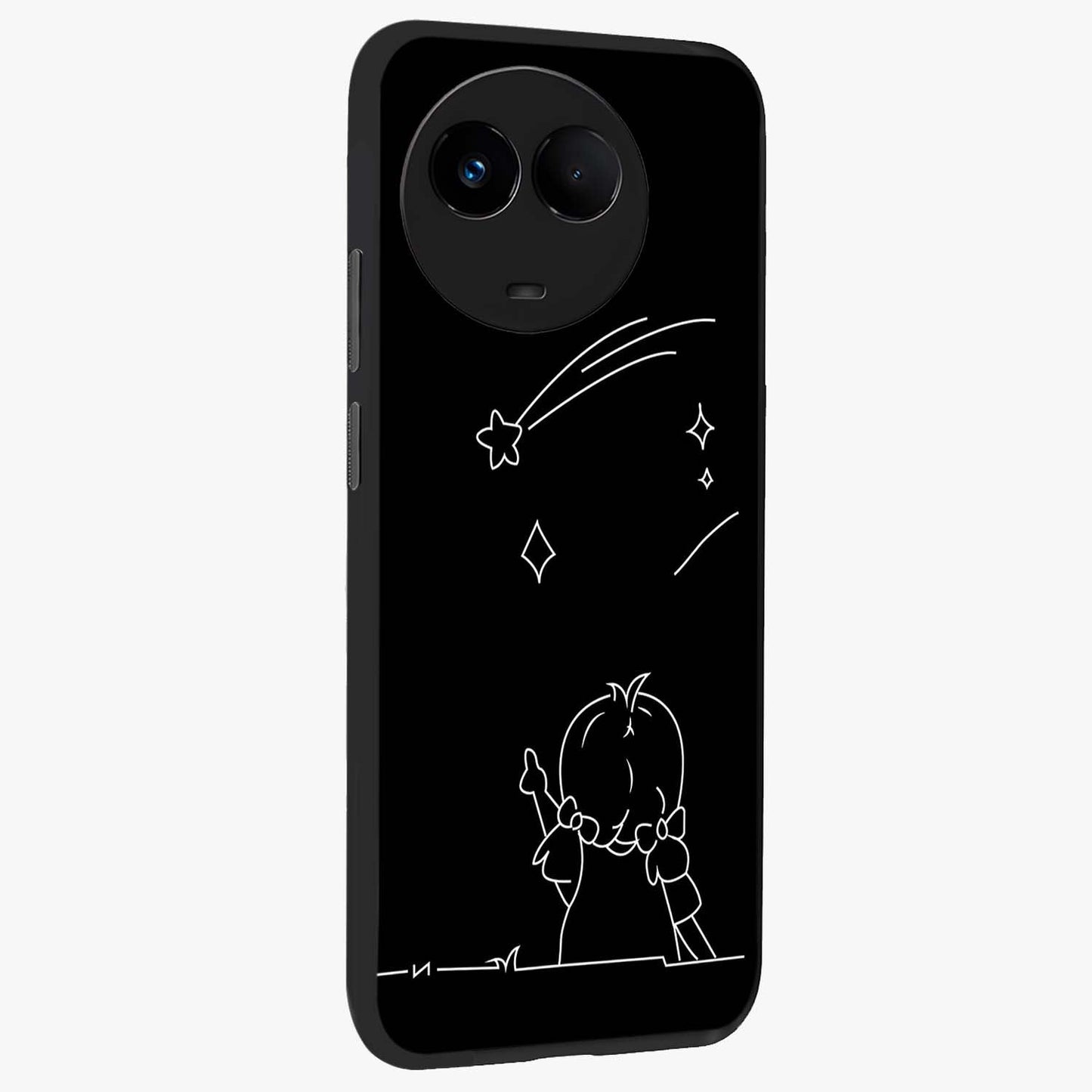 Line Art Girl With Shooting Stars Glass Case upright view showcasing delicate shooting stars artwork with minimal artistic theme.