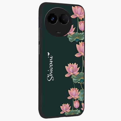 Lotus Bloom Serenity Custom Name Glass Case upright view showcasing serene lotus bloom artwork with personalized floral aesthetic.