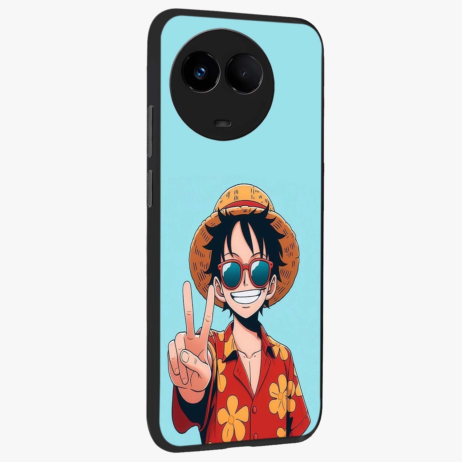 Luffy Summer Anime Vibe Glass Case upright view showcasing dynamic anime artwork with bright adventurous theme.
