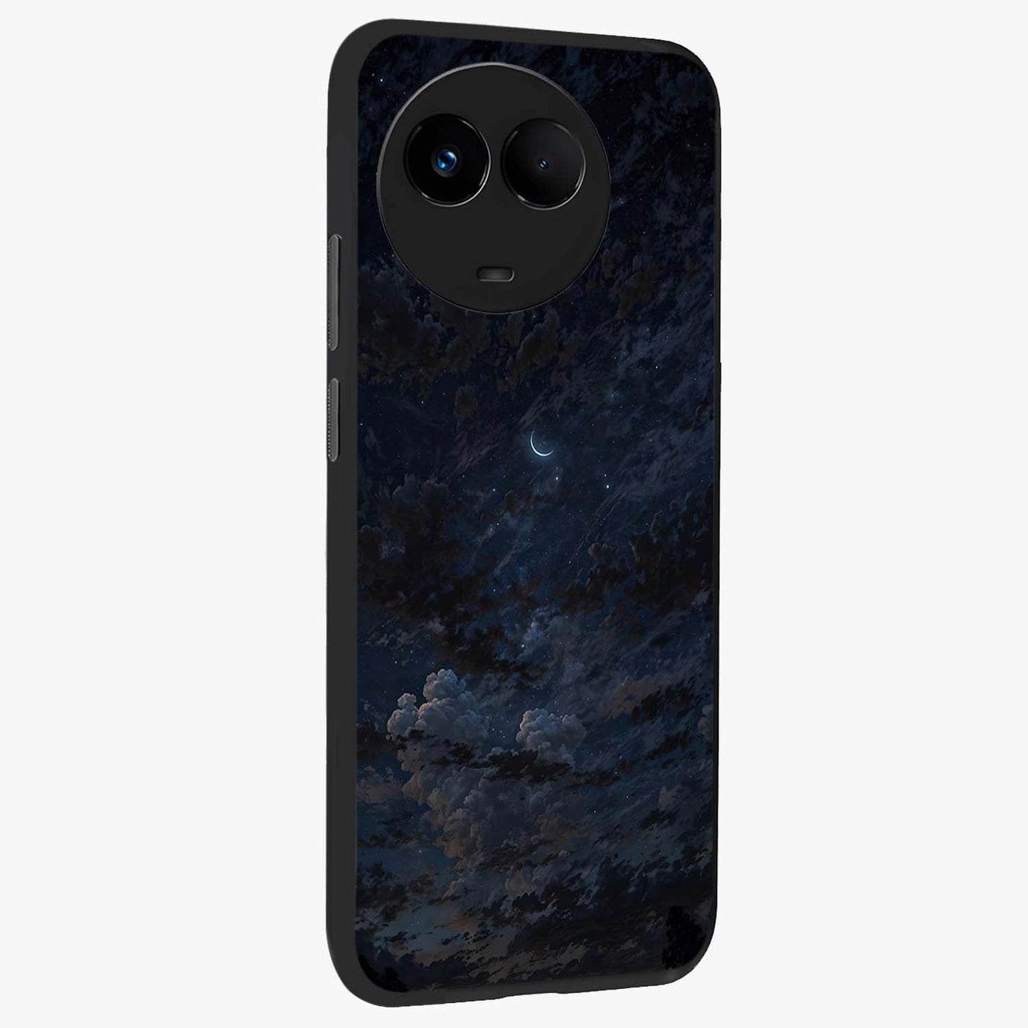 Lunar Veil Silence Glass Case upright view showcasing calm moon themed artwork with serene night atmosphere.