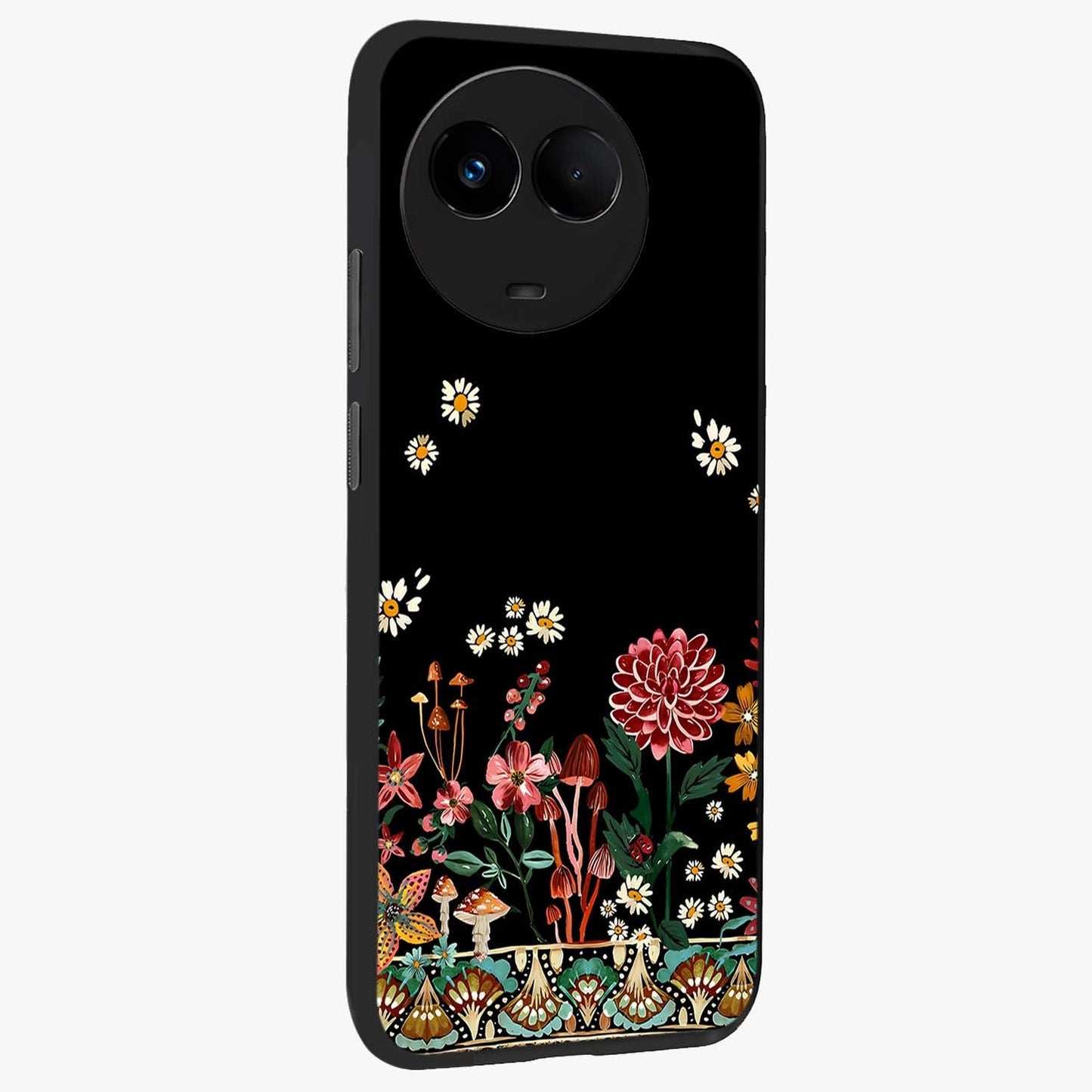 Midnight Bloom Pattern Glass Case upright view showcasing decorative floral artwork with deep night themed palette.