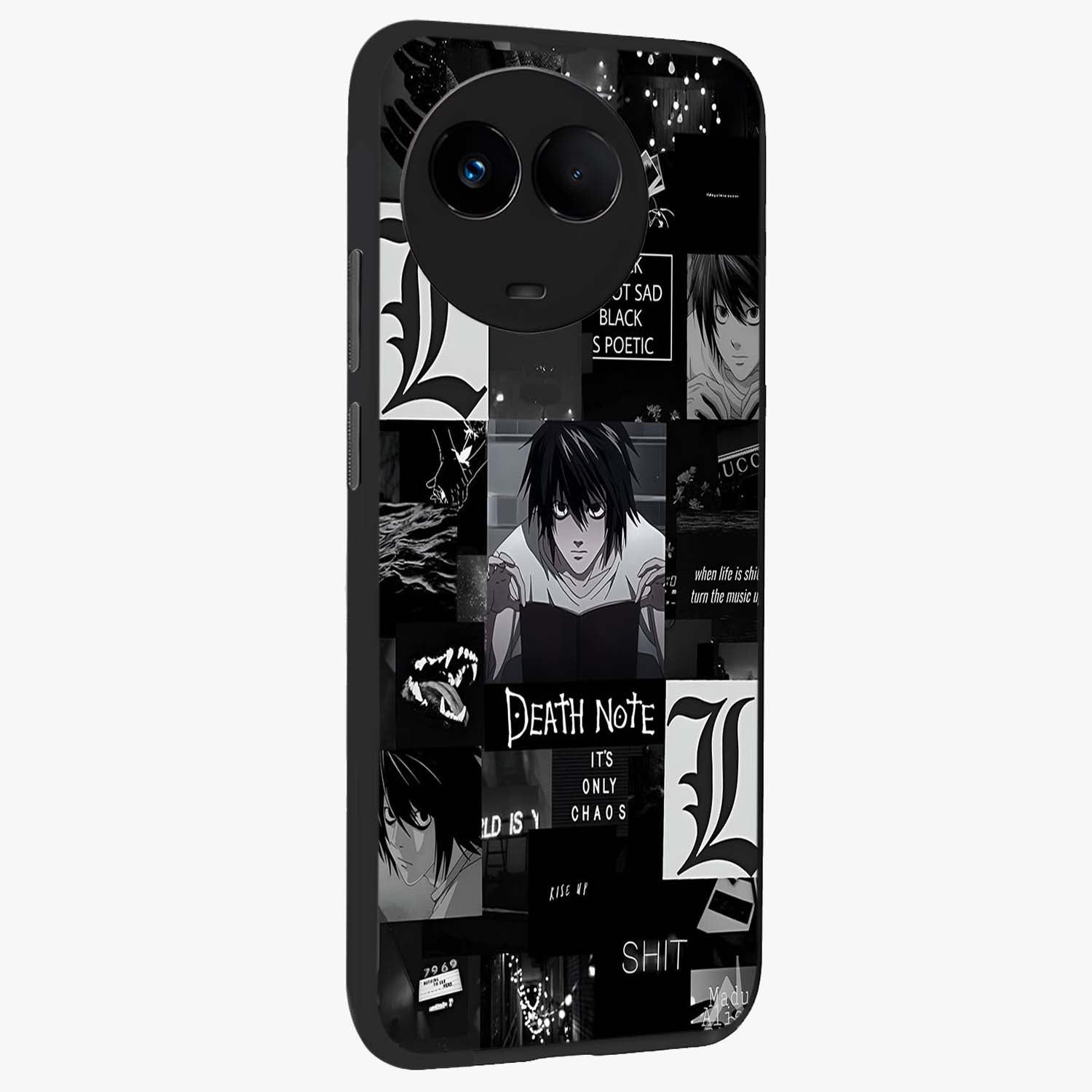 Midnight Chaos Mind Glass Case upright view showcasing expressive abstract artwork with bold dark theme.