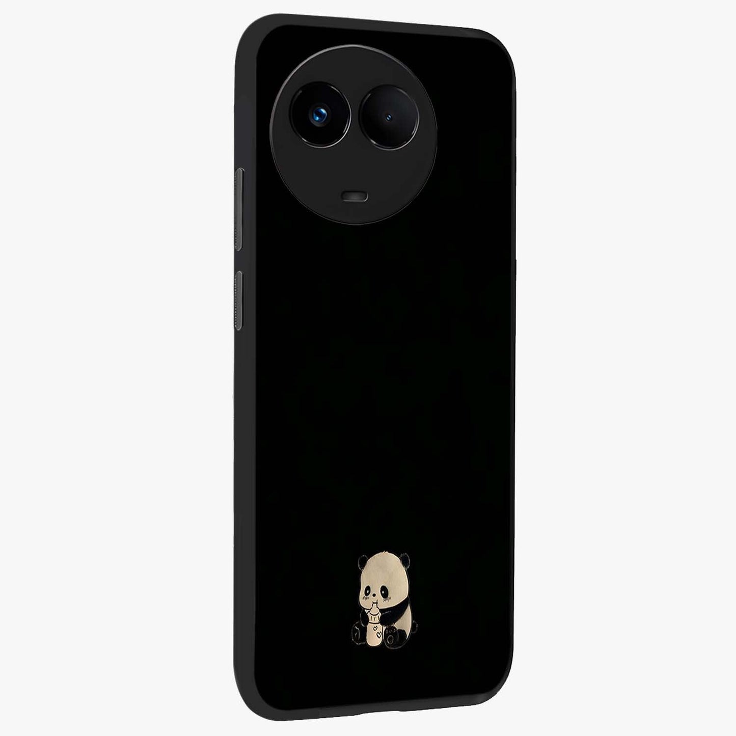Midnight Panda Love Glass Case upright view showcasing charming panda artwork with playful romantic theme.