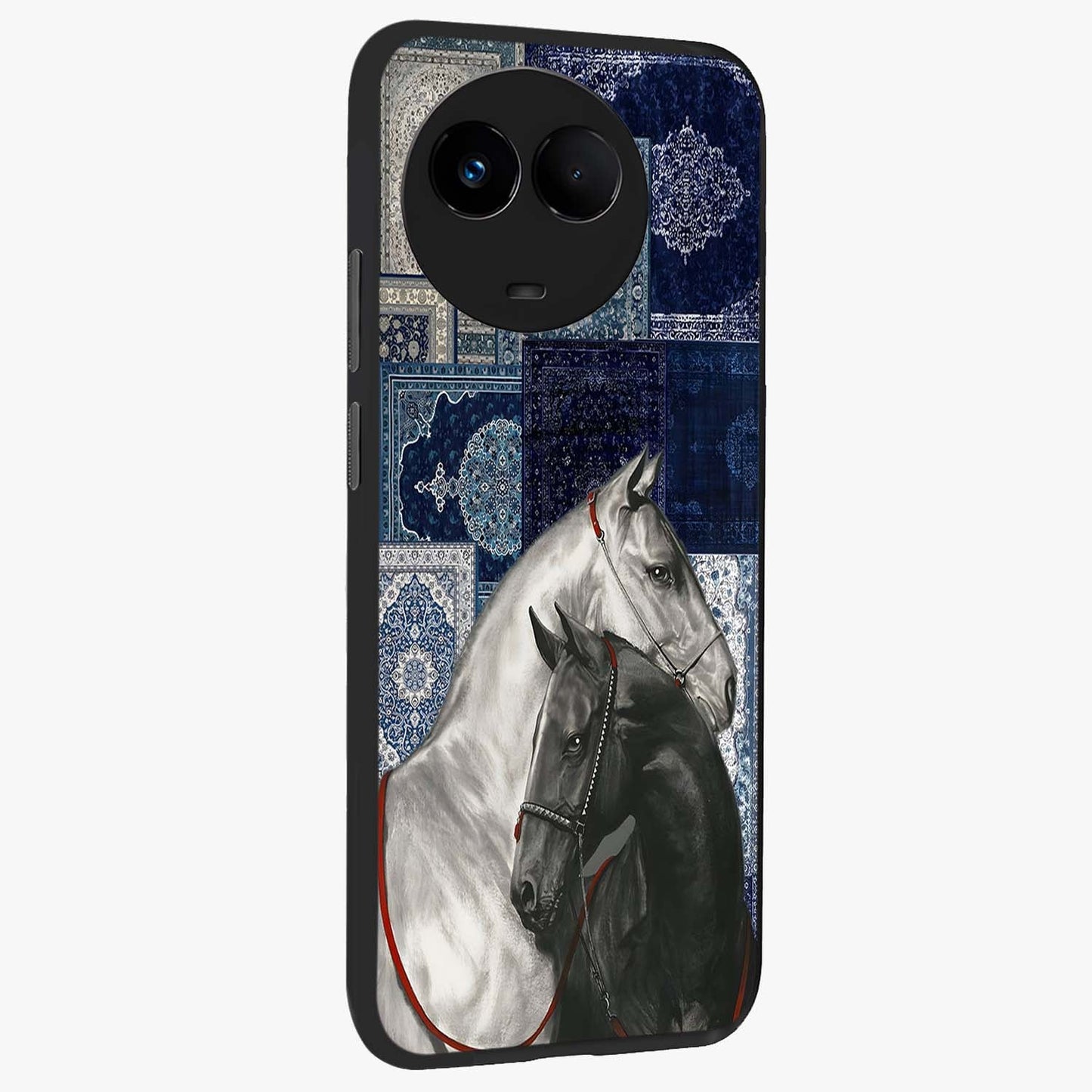 Midnight Stallion Blues Glass Case upright view showcasing dramatic horse artwork with bold artistic theme.