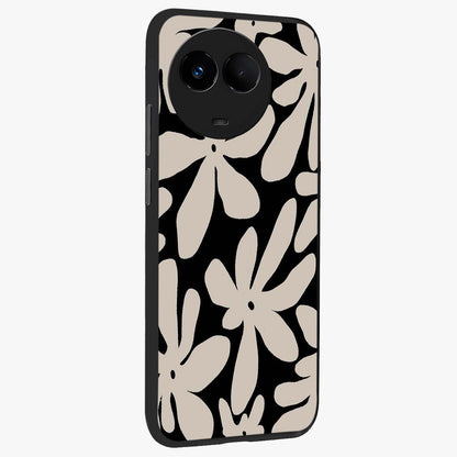 Monochrome Petal Dance Glass Case upright view showcasing artistic floral pattern with stylish monochrome theme.
