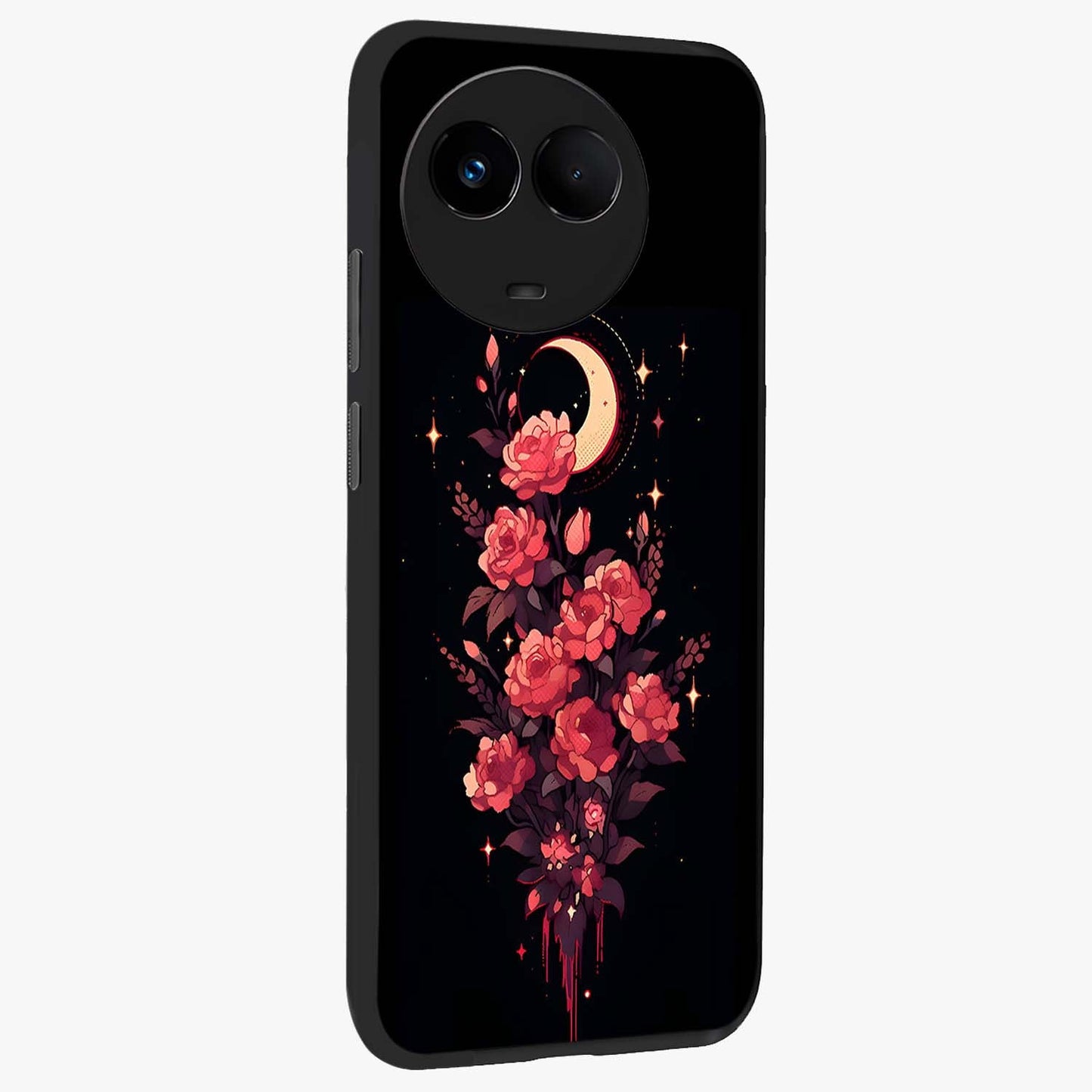 Moonlit Floral Elegance Glass Case upright view showcasing delicate floral artwork with refined night inspired theme.