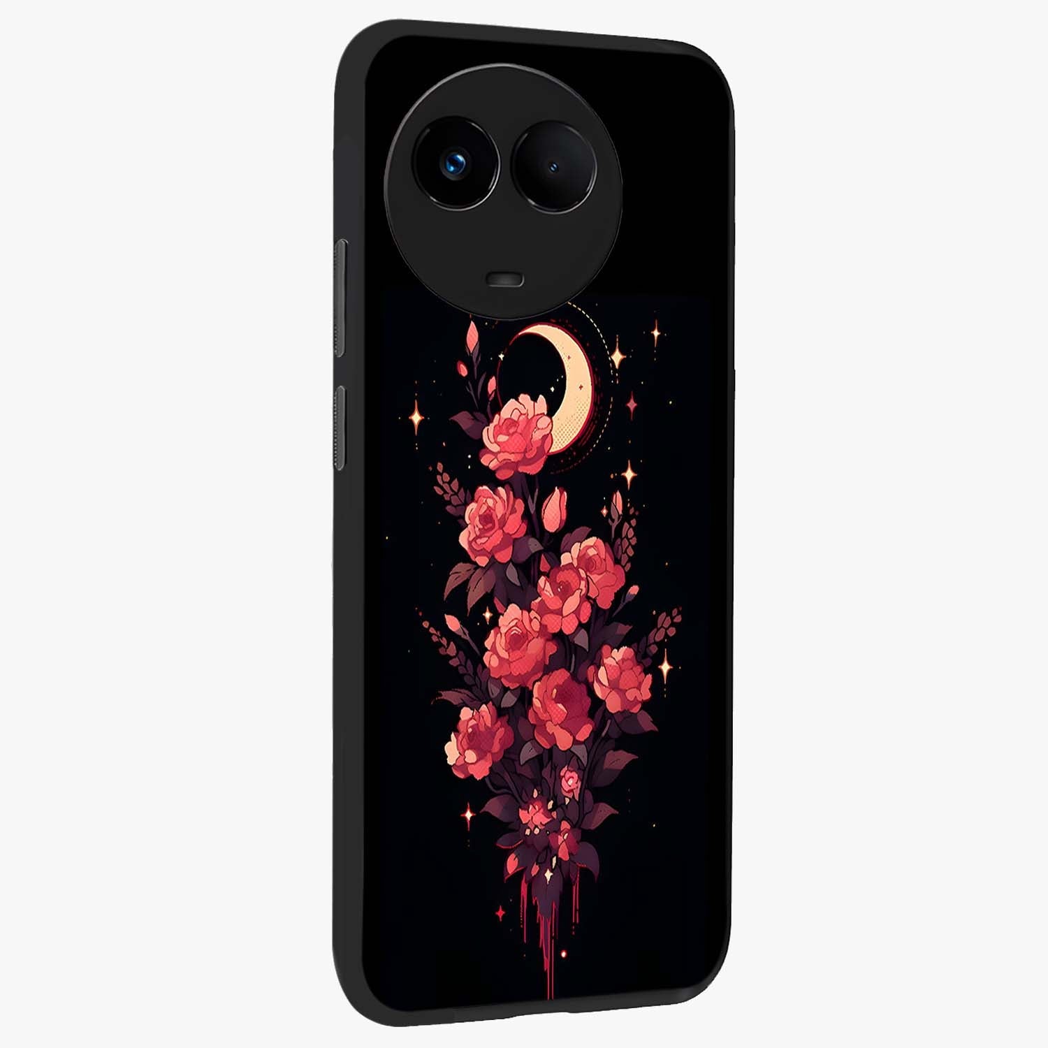 Moonlit Floral Elegance Glass Case upright view showcasing delicate floral artwork with refined night inspired theme.