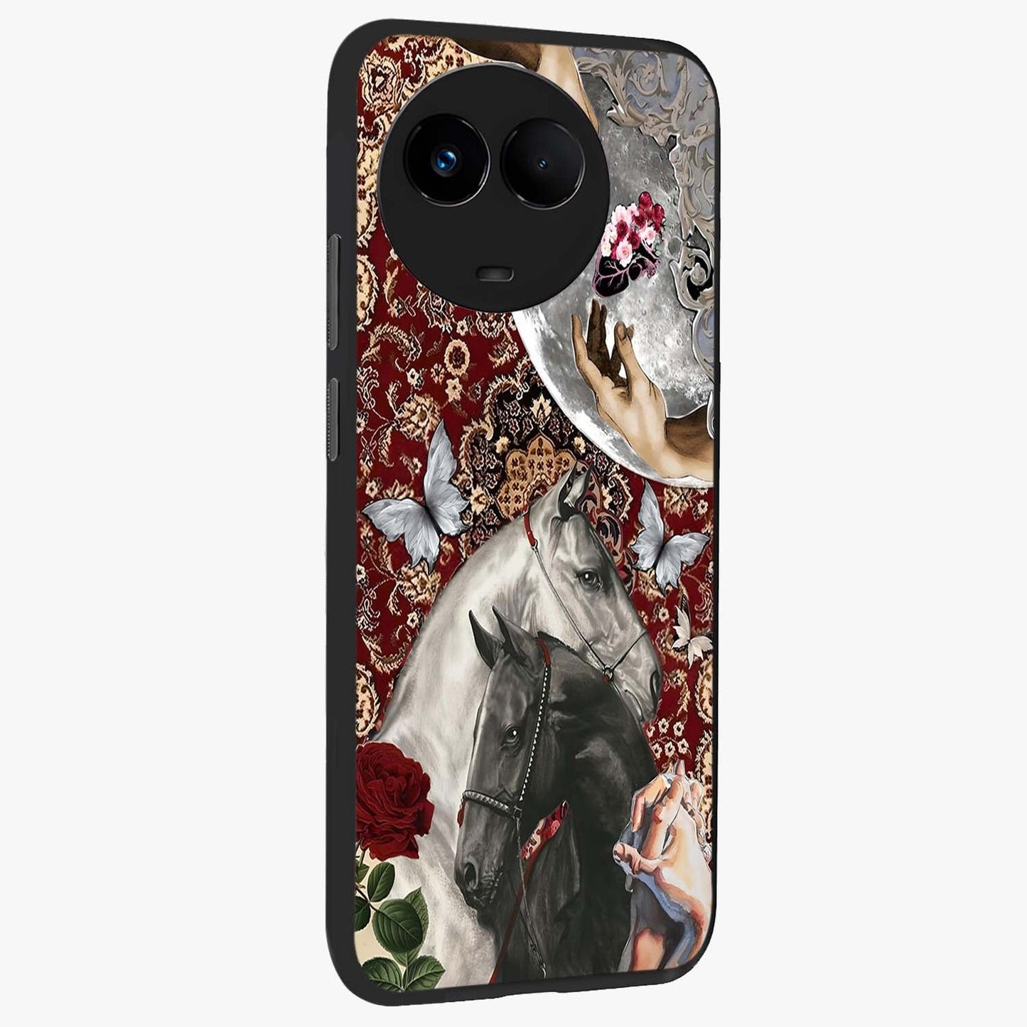 Moonlit Royal Stallion Glass Case upright view showcasing dramatic horse artwork with glowing moon themed design.