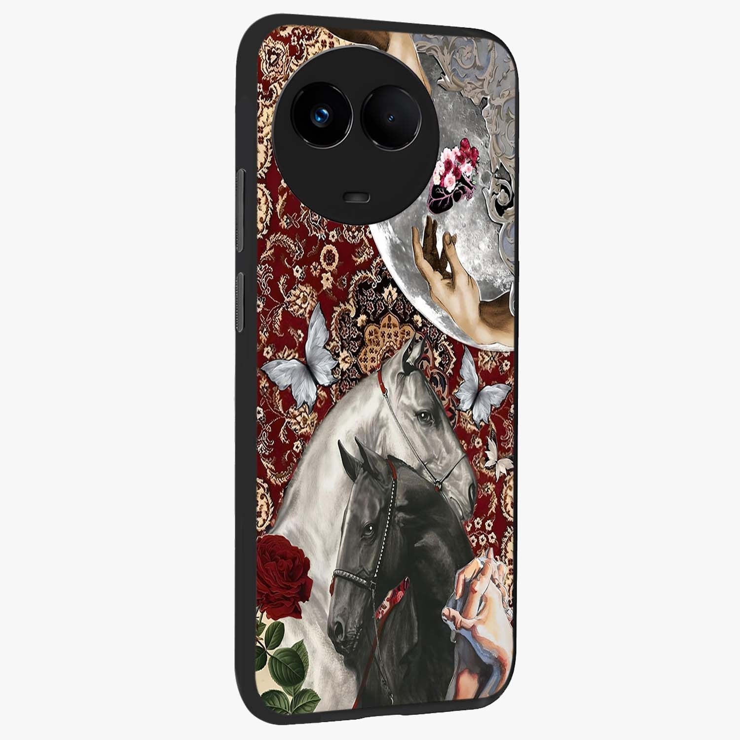 Moonlit Royal Stallion Glass Case upright view showcasing dramatic horse artwork with glowing moon themed design.