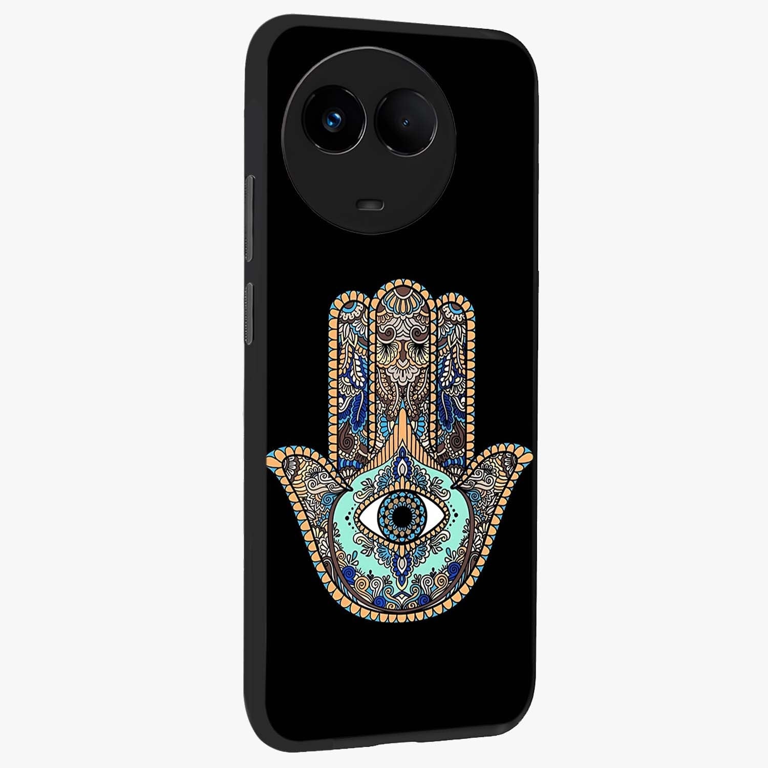Mystic Hamsa Eye Glass Case upright view showcasing detailed hamsa eye artwork with protective spiritual theme.
