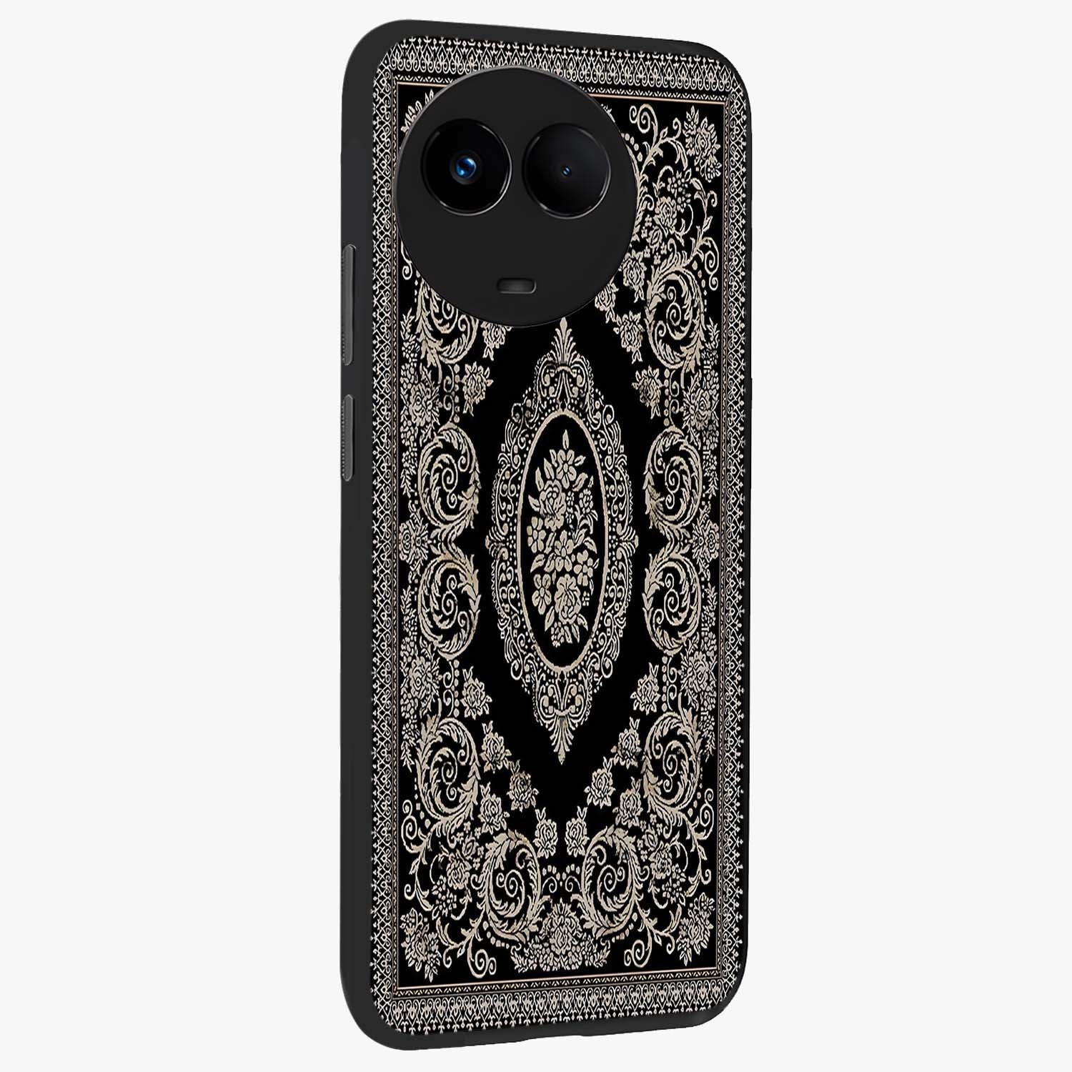 Noir Bloom Elegance Glass Case upright view showcasing graceful floral artwork with luxurious dark theme.