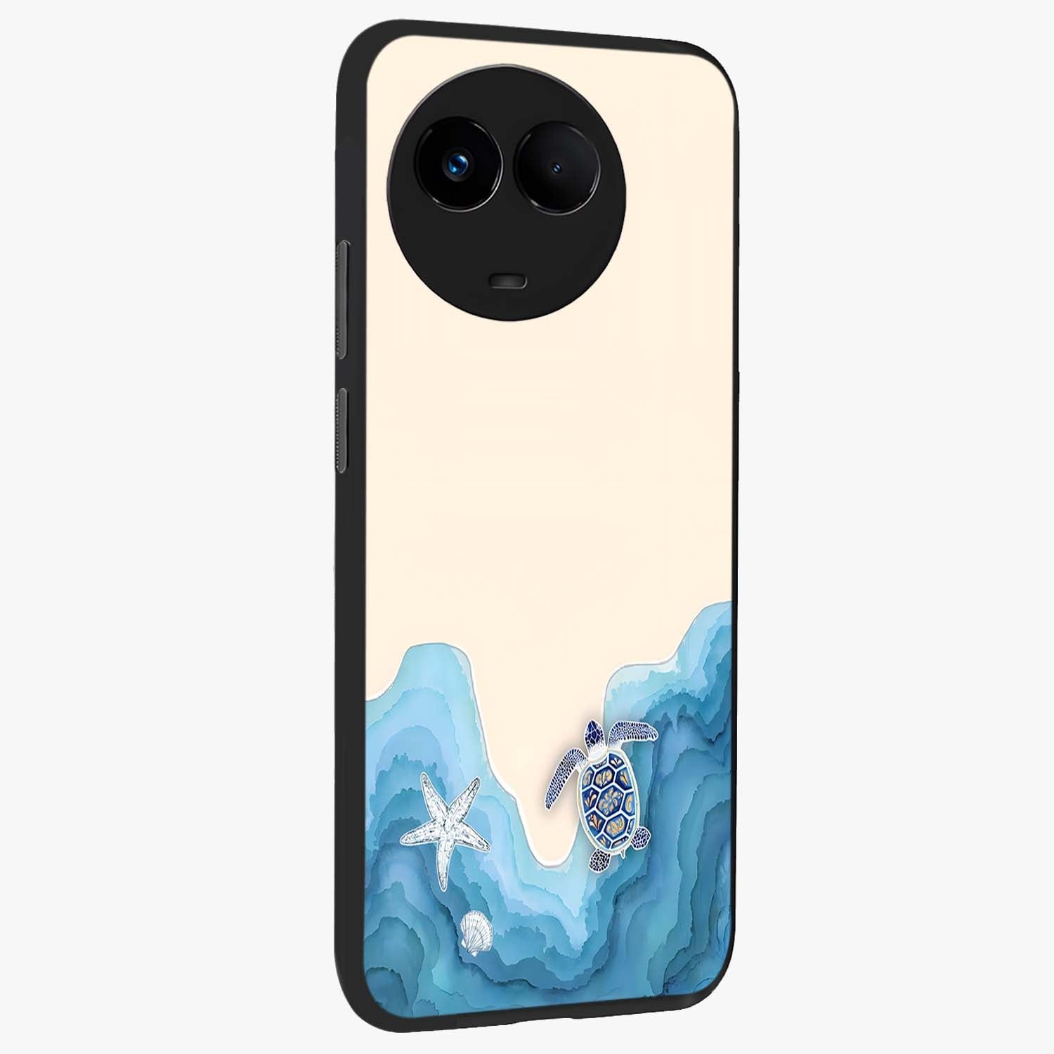 Ocean Drift Turtle Glass Case upright view showcasing calm underwater turtle artwork with nature inspired theme.