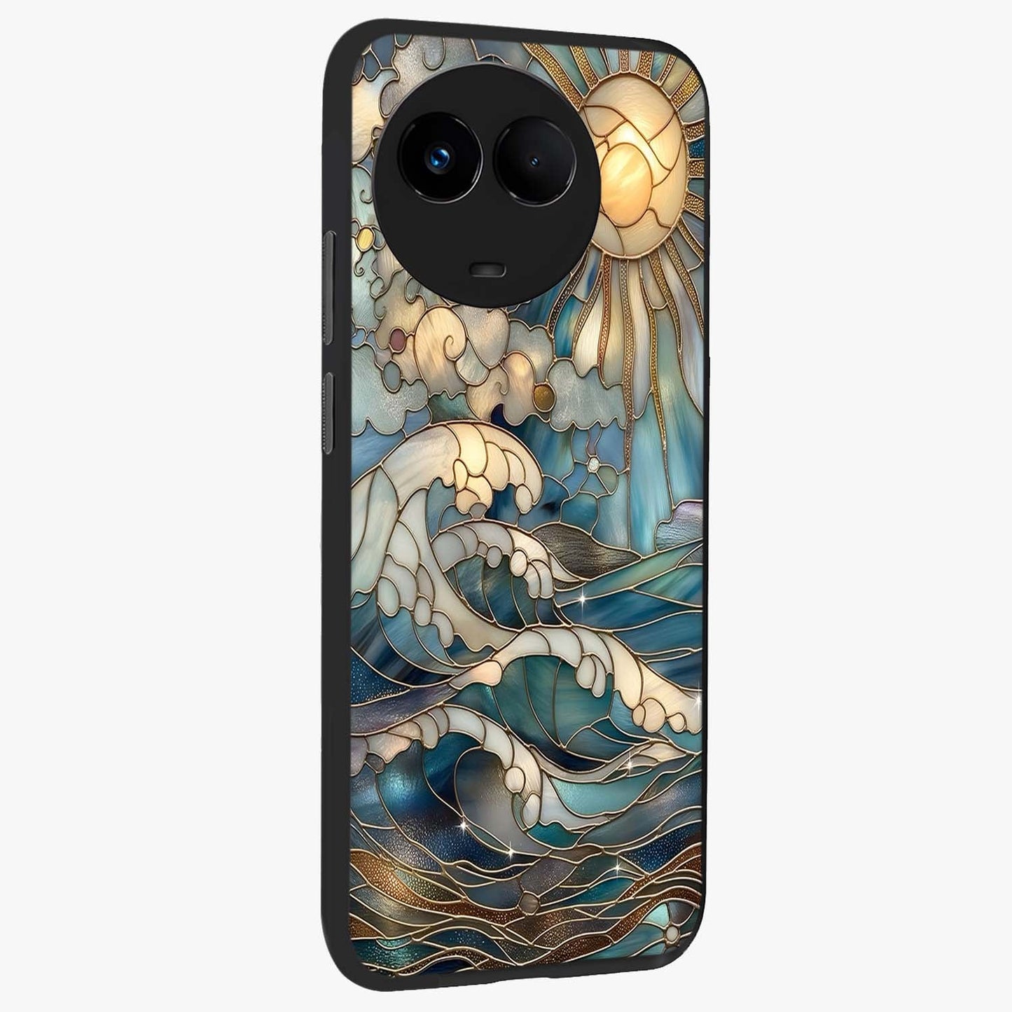 Oceanic Stained Printed Glass Case upright view showcasing decorative ocean pattern artwork with vibrant marine theme.