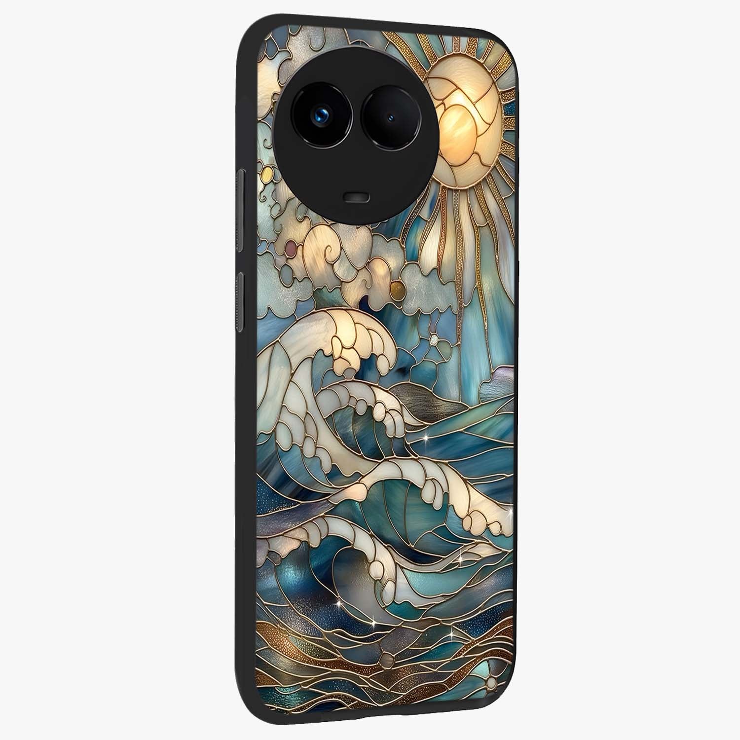 Oceanic Stained Printed Glass Case upright view showcasing decorative ocean pattern artwork with vibrant marine theme.