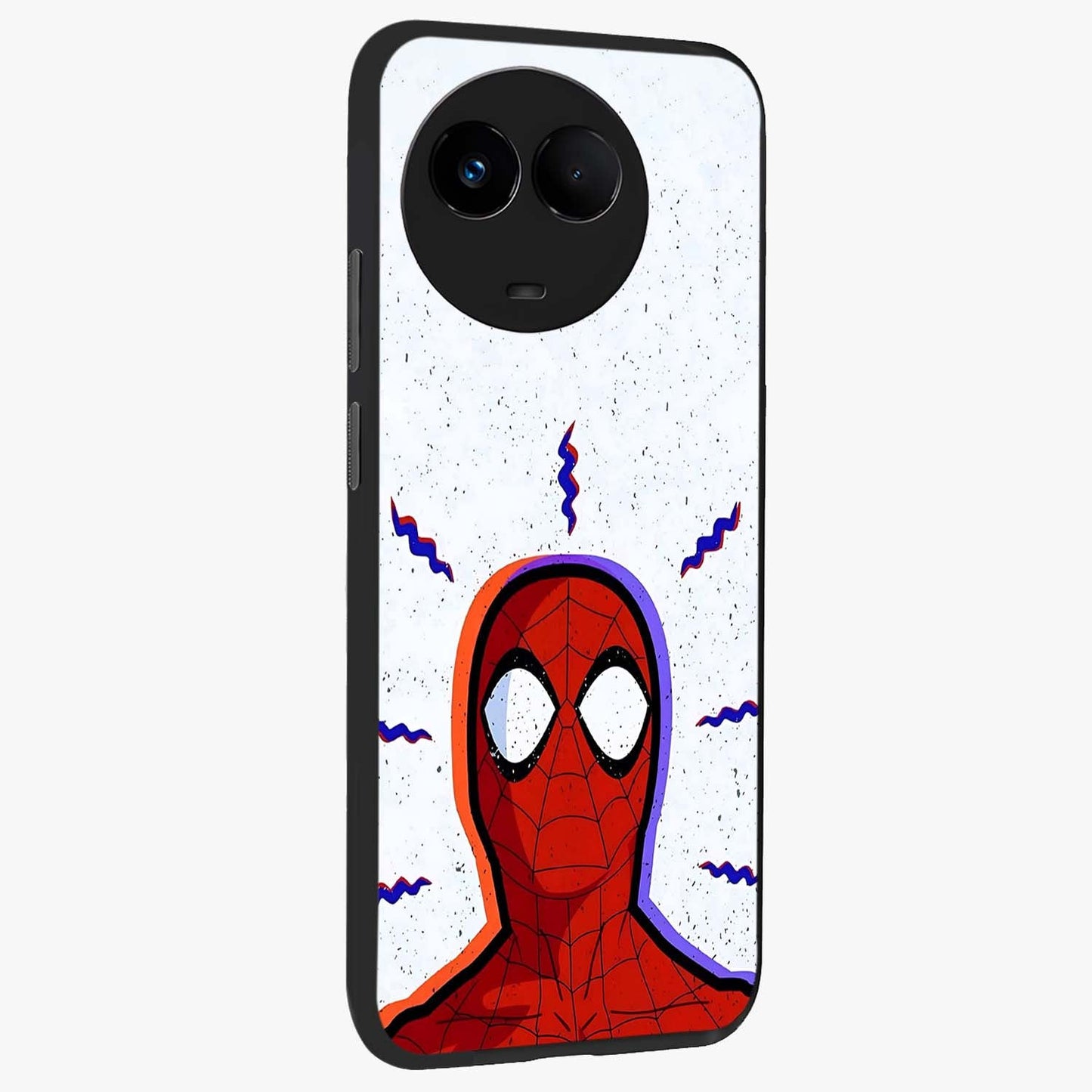 Omg Spiderman Glass Case upright view showcasing energetic superhero artwork with vibrant comic theme.