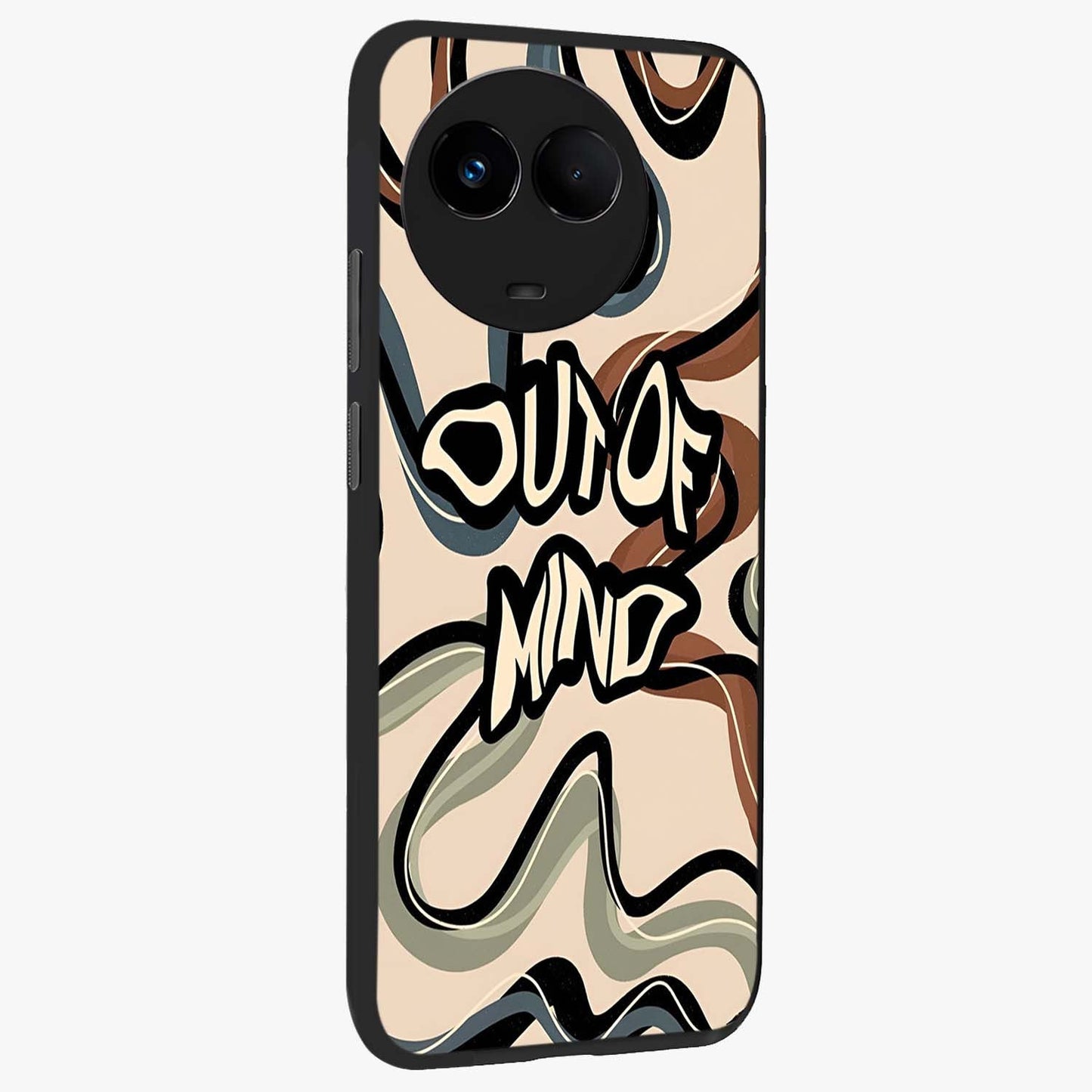 Out Of Mind Glass Case upright view showcasing striking typography artwork with edgy conceptual theme.