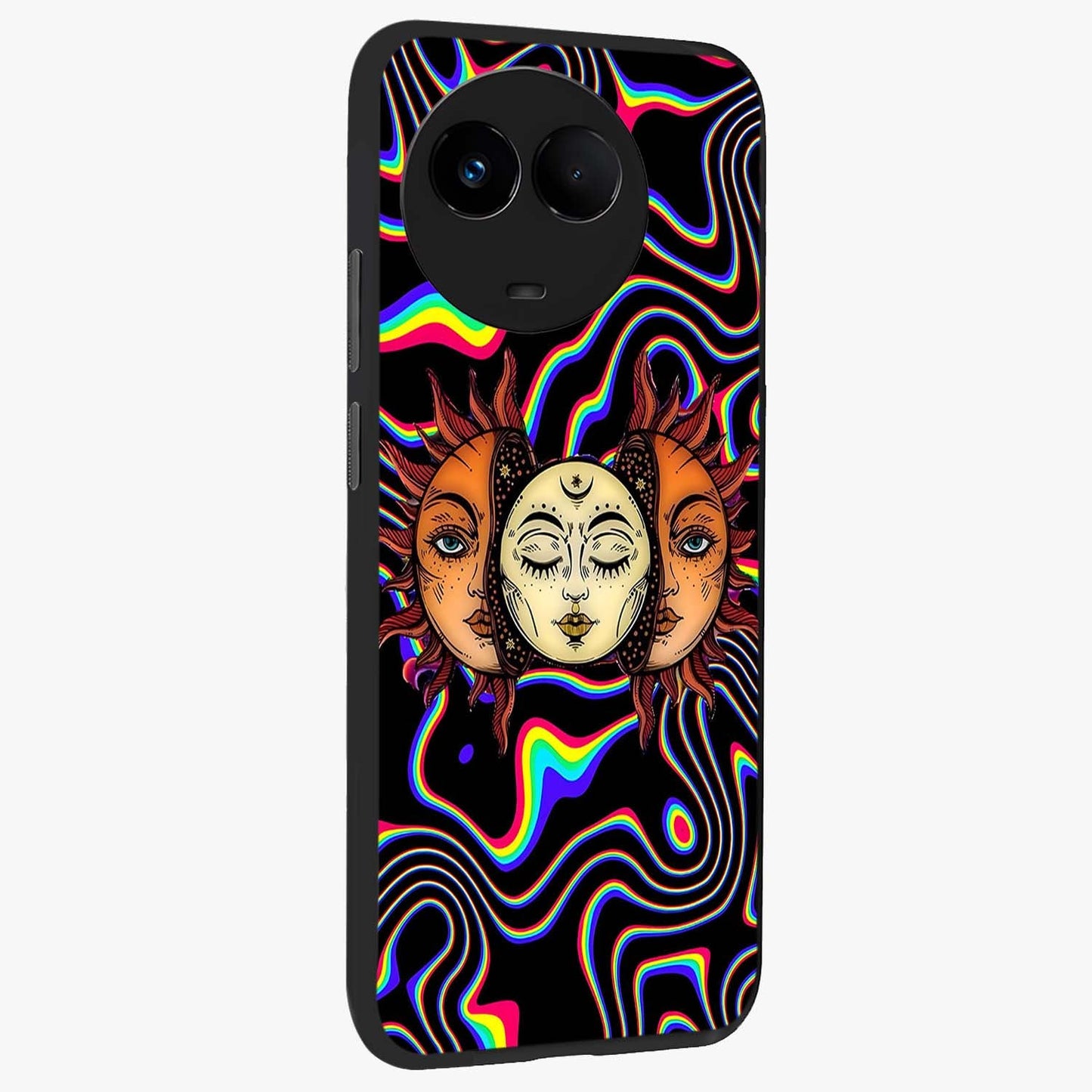 Psychedelic Sun Glass Case upright view showcasing trippy sun artwork with bold psychedelic theme.
