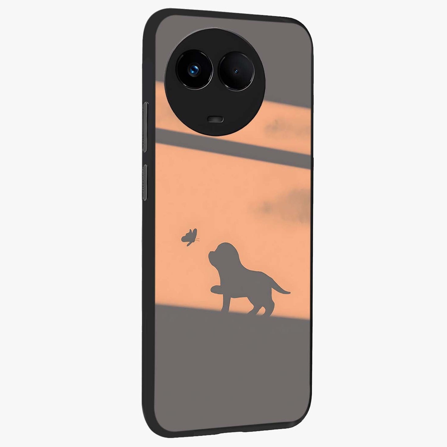 Puppy Shadow Art Glass Case upright view showcasing charming puppy artwork with creative silhouette theme.