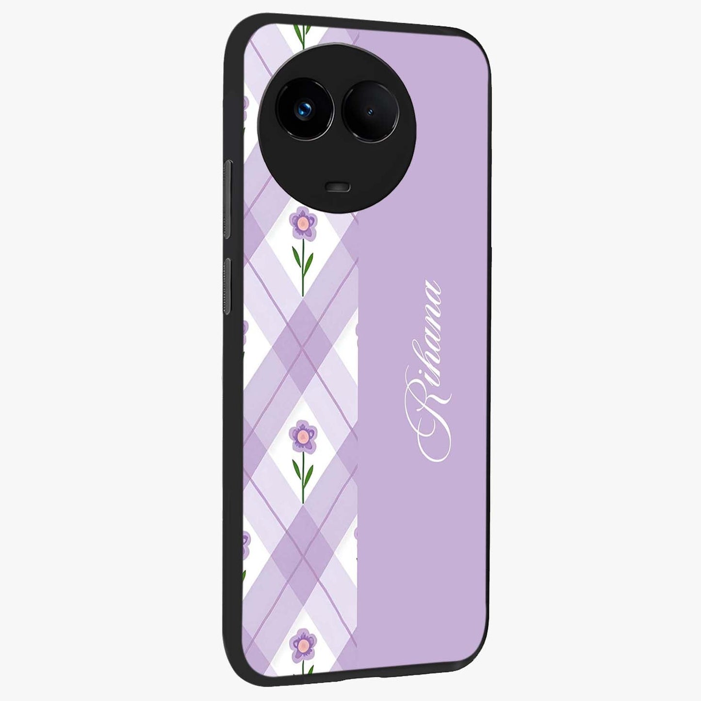 Purple Diamond Floral Glass Case upright view showcasing vibrant floral artwork with stylish geometric theme.