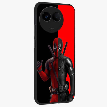 Red & Black Deadpool Theme Glass Case upright view showcasing energetic comic themed artwork with striking red and black design.