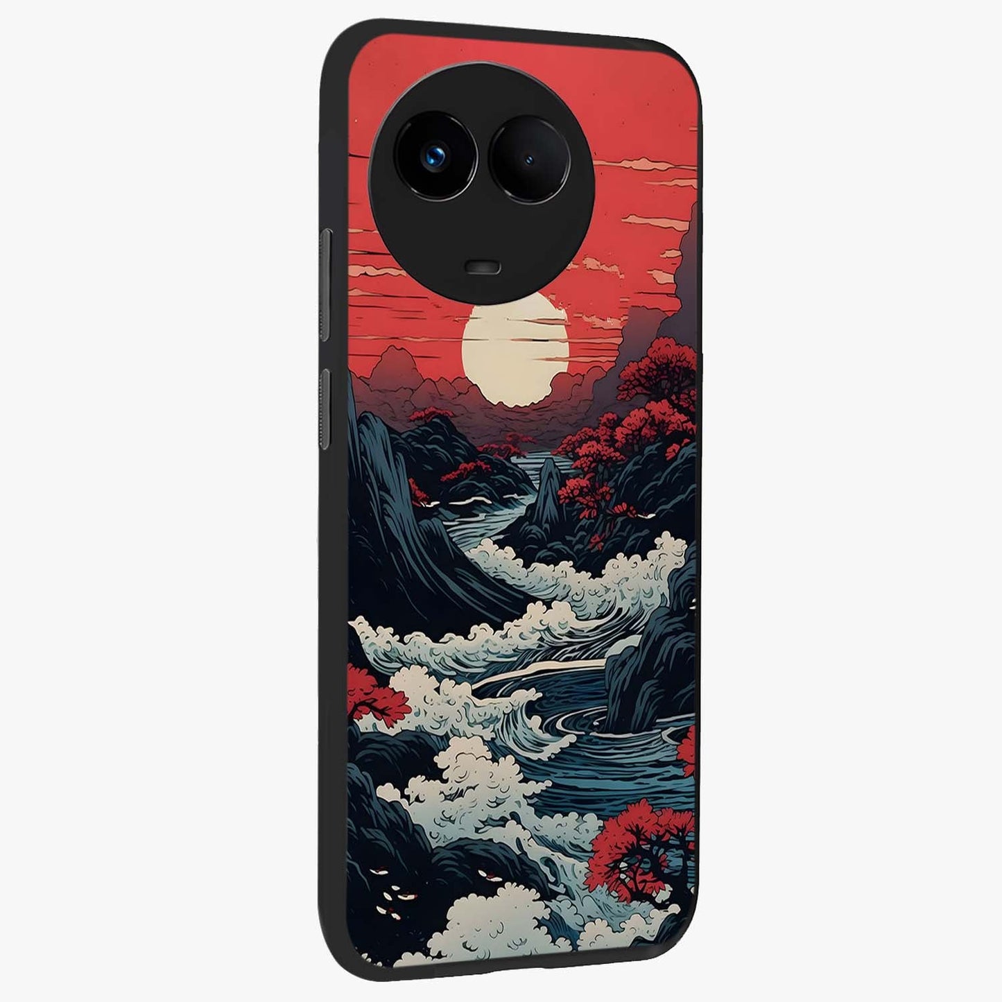 Red Sunset Scenery Glass Case upright view showcasing dramatic sunset scenery artwork with warm nature theme.
