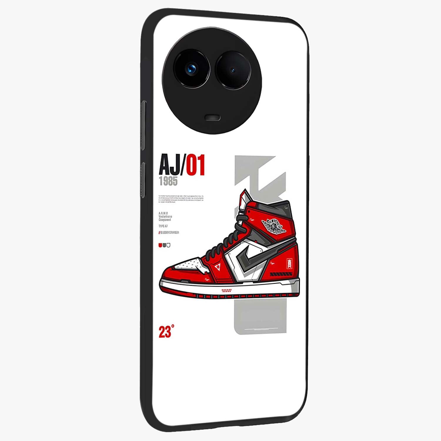 Retro Sneaker Blueprint Glass Case upright view showcasing stylish sneaker illustration with vintage streetwear theme.