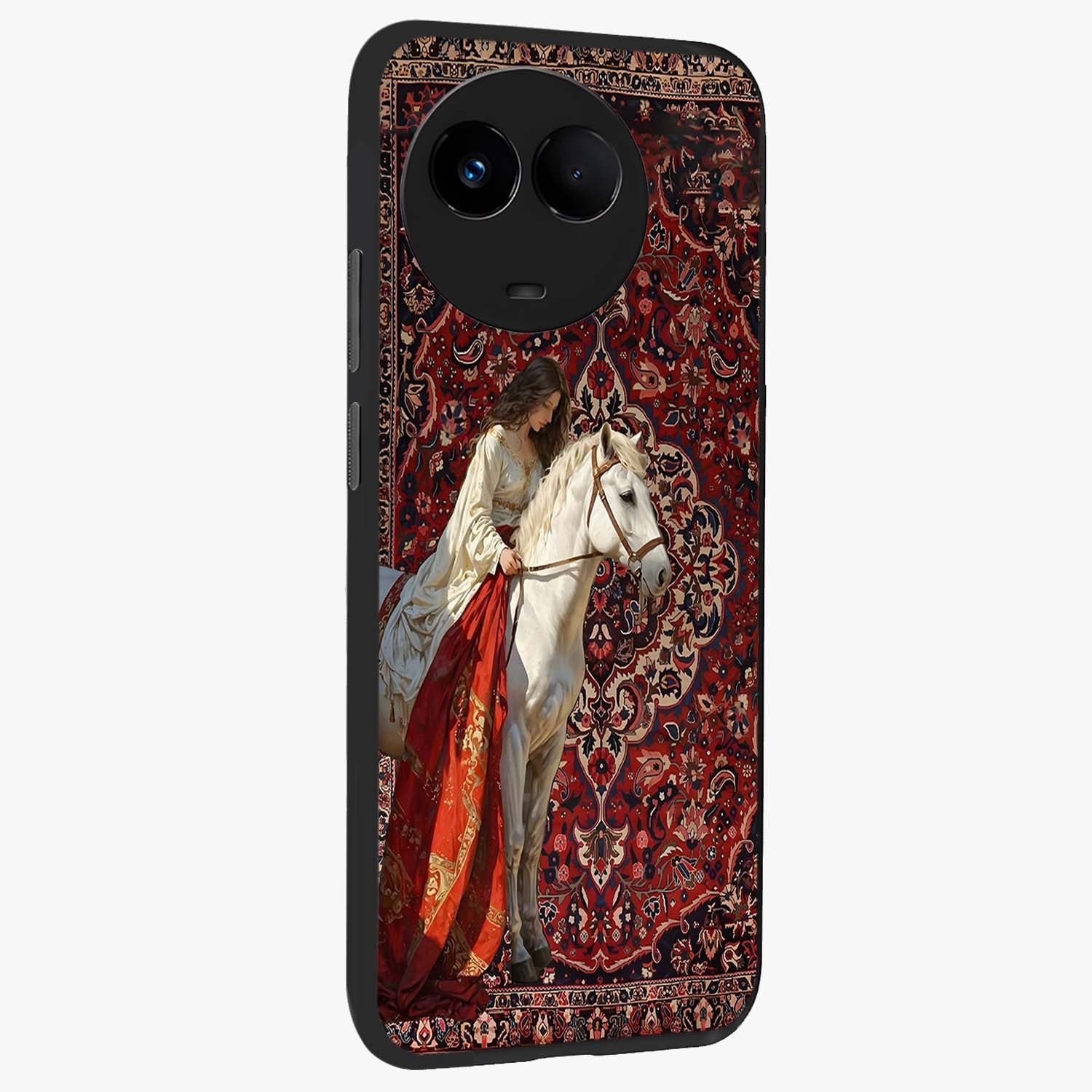 Royal Rider Tapestry Glass Case upright view showcasing detailed rider artwork with classic tapestry theme.