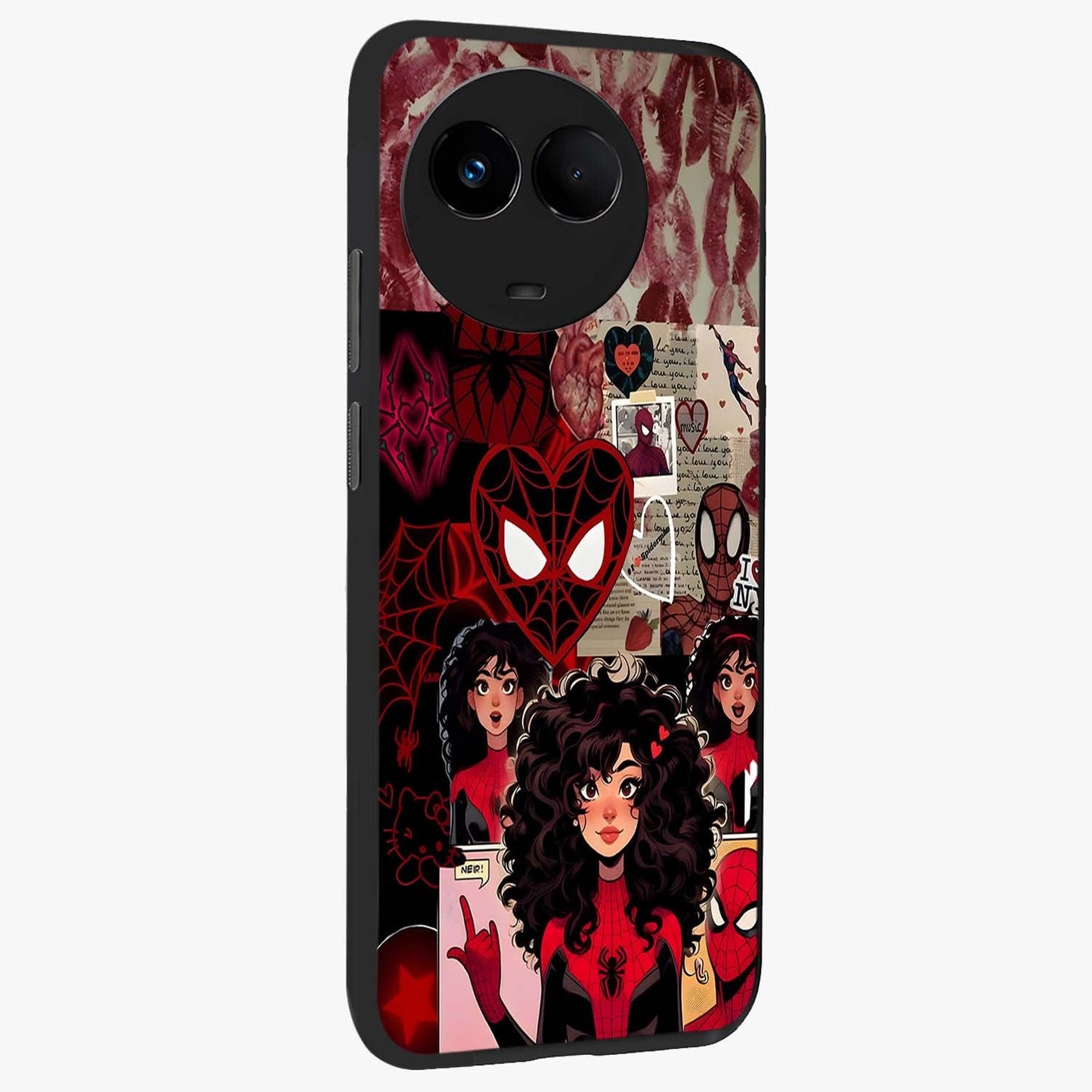 Spider Love Story Glass Case upright view showcasing charming superhero artwork with romantic comic theme.