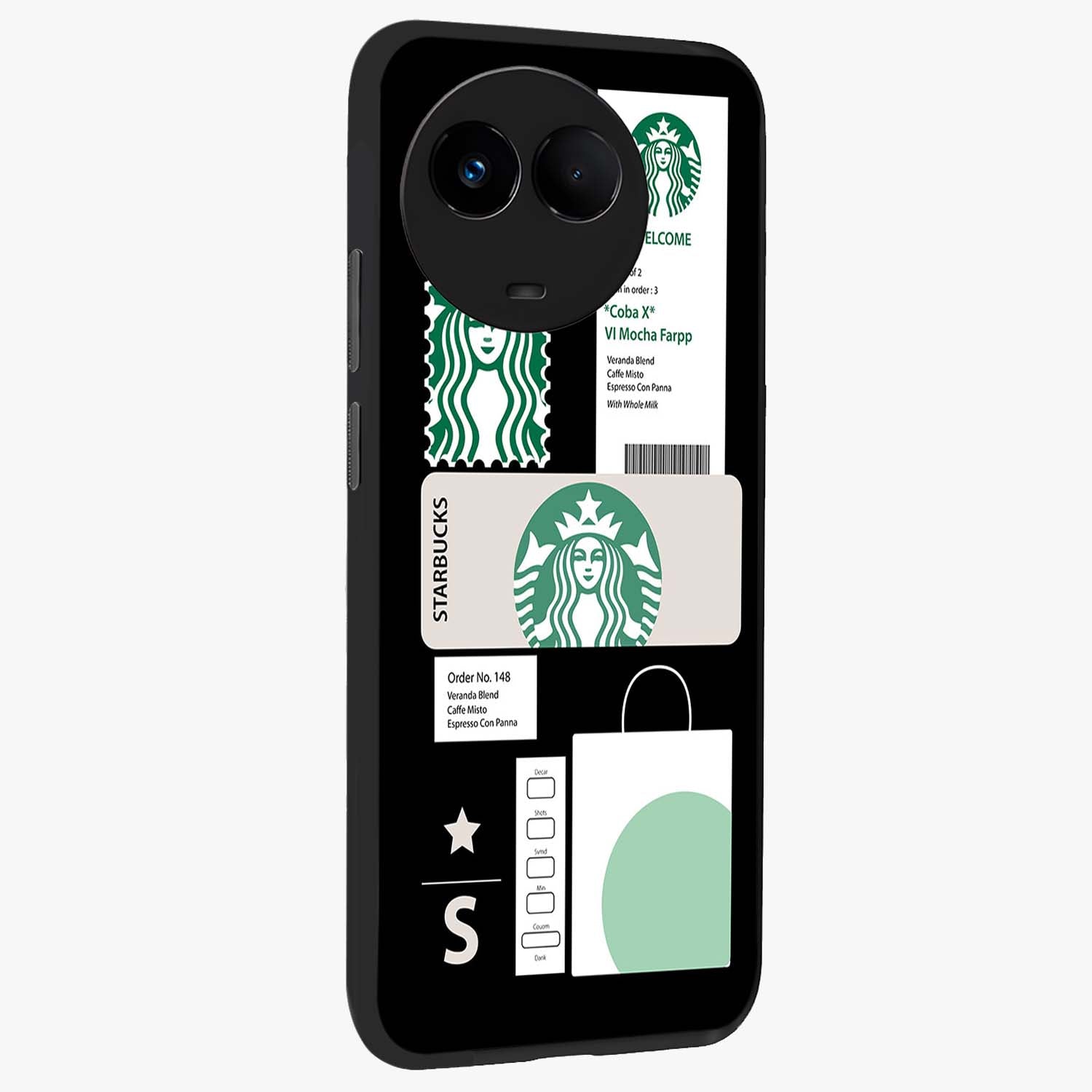 Starbucks Mocha Glass Case upright view showcasing trendy coffee inspired artwork with modern lifestyle theme.