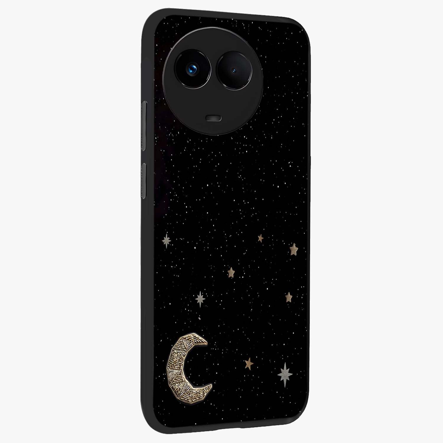 Twinkle Star With Half Moon Glass Case upright view showcasing glowing cosmic artwork with dreamy night theme.