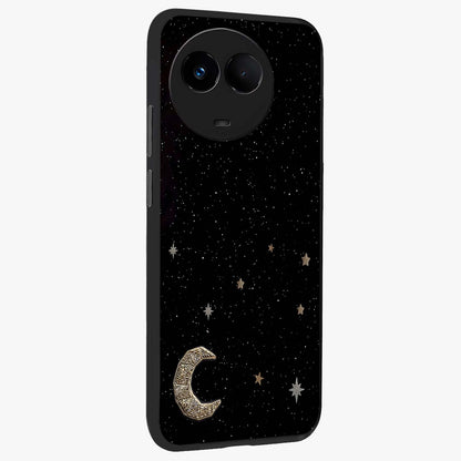 Twinkle Star With Half Moon Glass Case upright view showcasing glowing cosmic artwork with dreamy night theme.