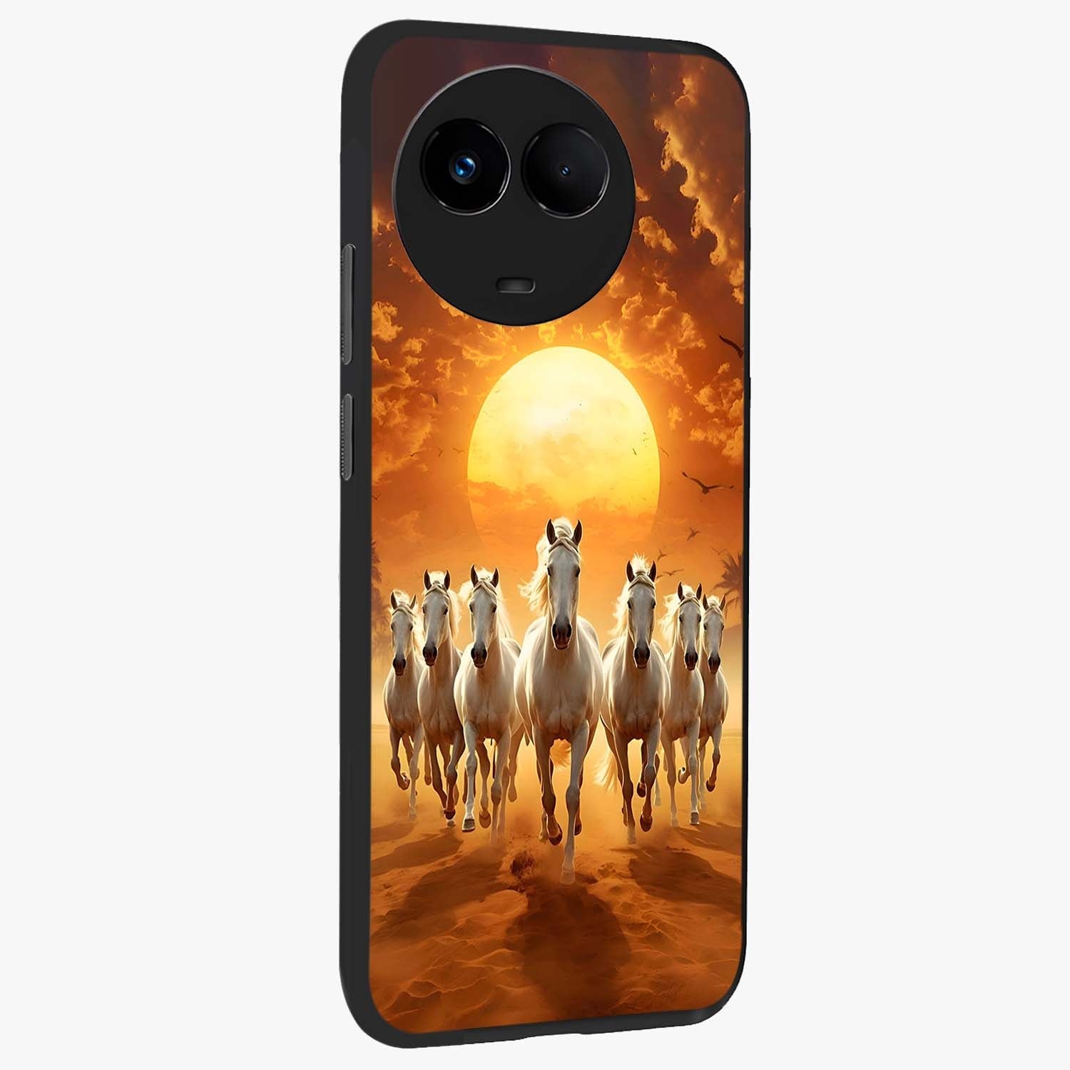 Wild Sunset Majesty Glass Case upright view showcasing dramatic sunset artwork with bold nature theme.