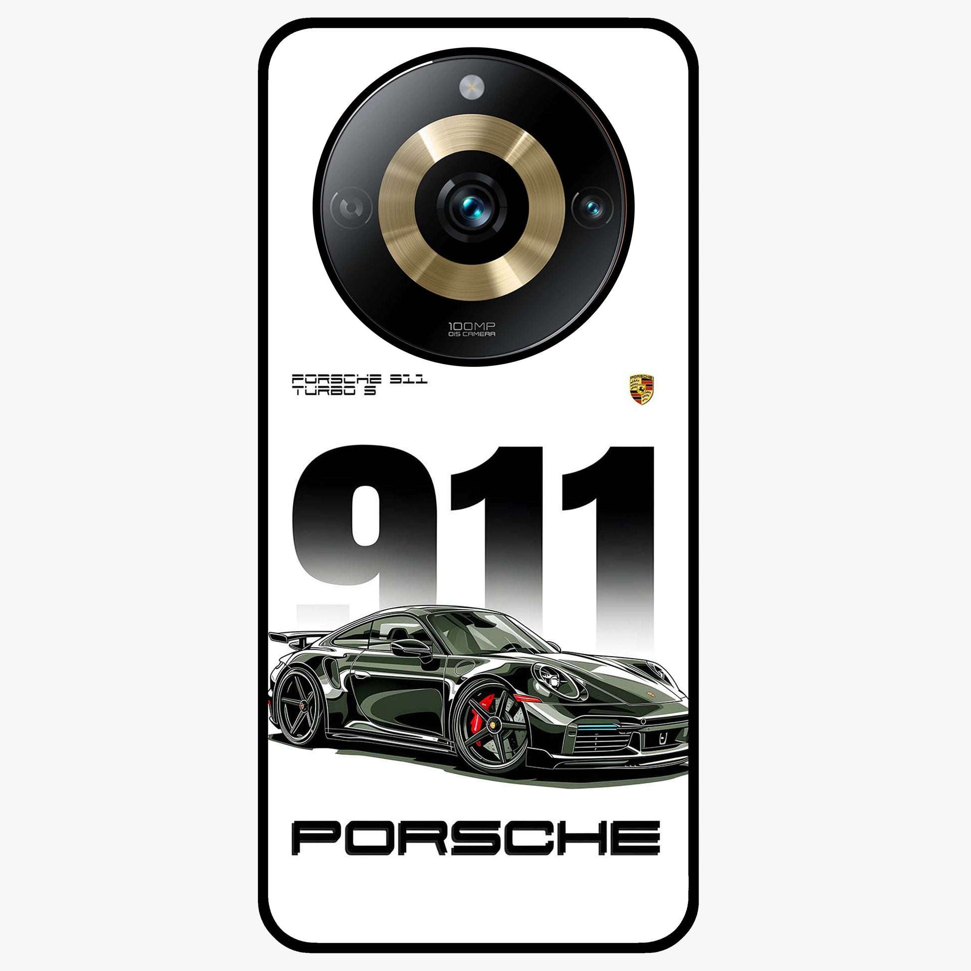 911 Turbo Dominance Glass Case showing clean flat back view with bold 911 sports car artwork and glossy glass finish.