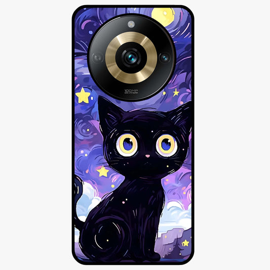 Abstract Cat Art Glass Case showing flat back view with artistic cat illustration and glossy glass finish.