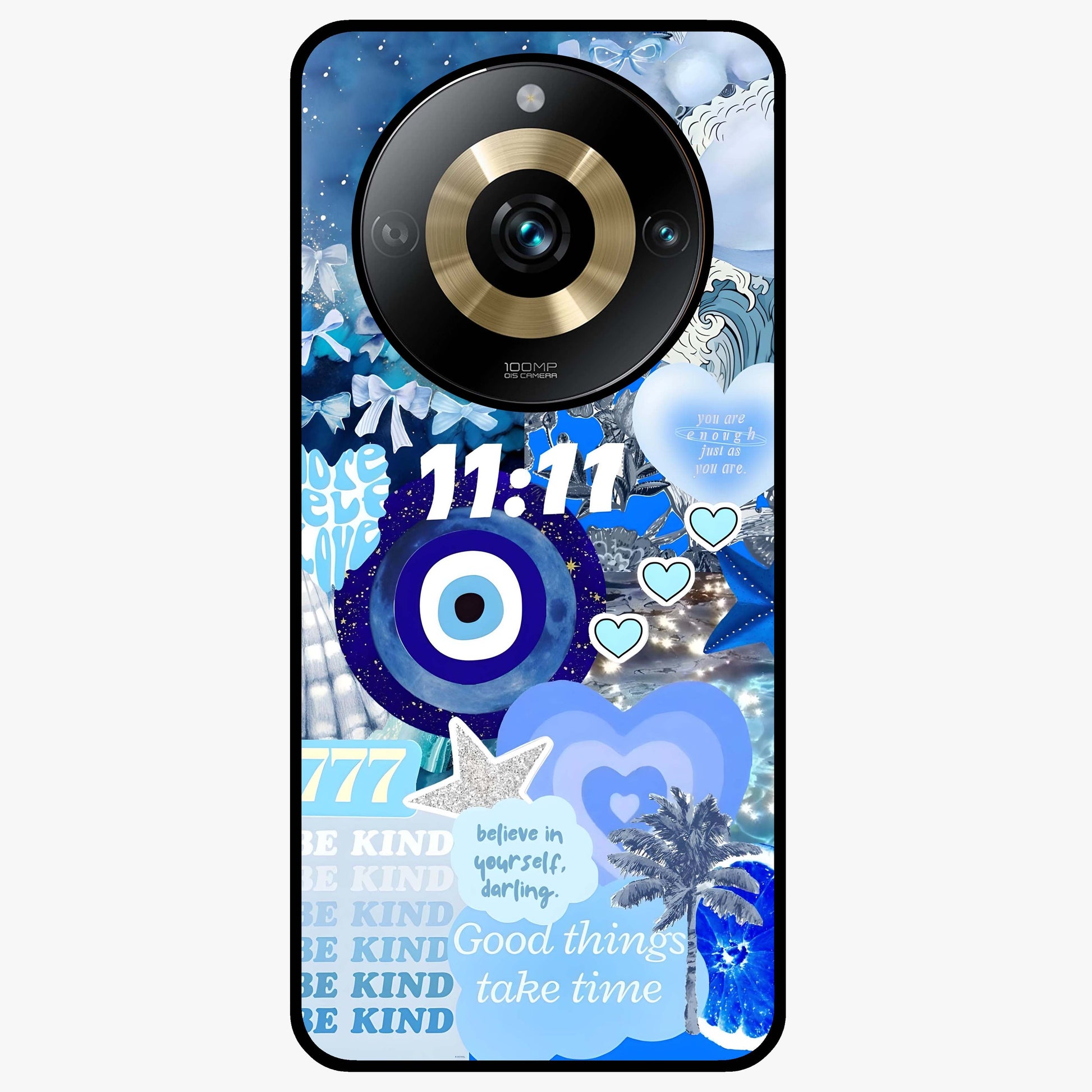 Aesthetic Be Kind Eye Glass Case showing flat back view with motivational eye artwork and glossy glass finish.