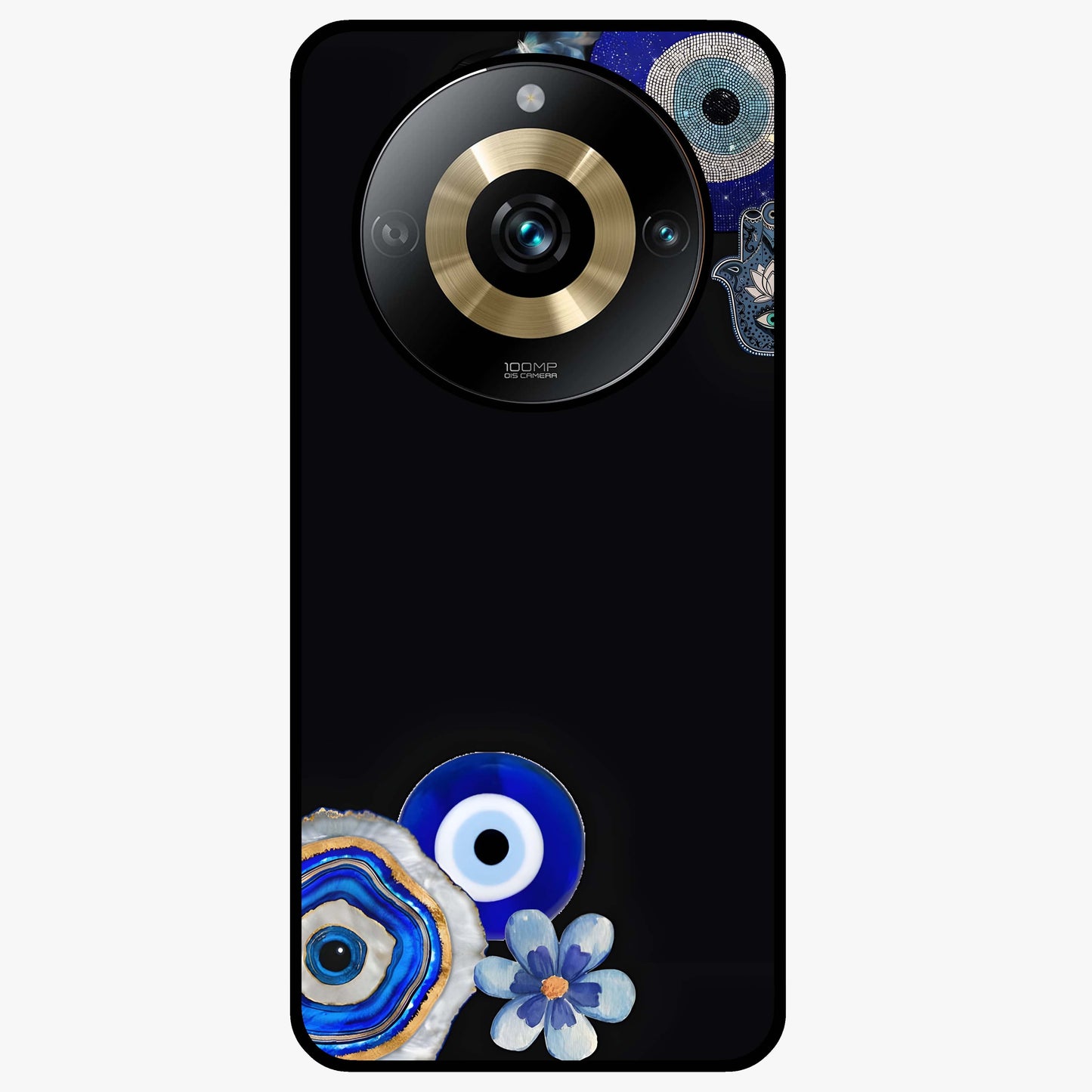 Aesthetic Blue Evil Eye Glass Case showing flat back view with protective evil eye artwork and glossy glass finish.