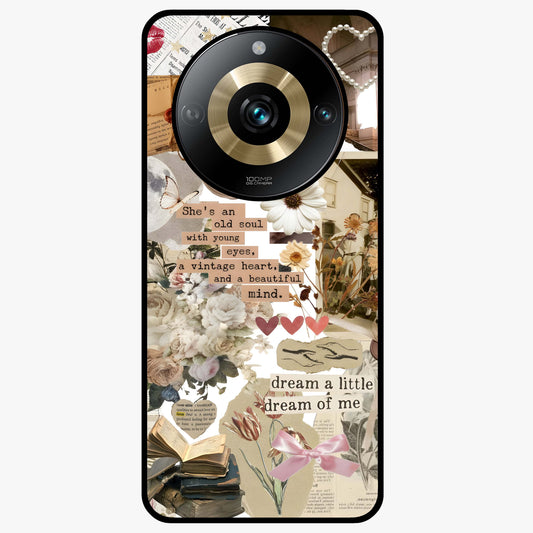 Aesthetic Brown Vintage Collage Glass Case showing flat back view with retro collage artwork and glossy glass finish.