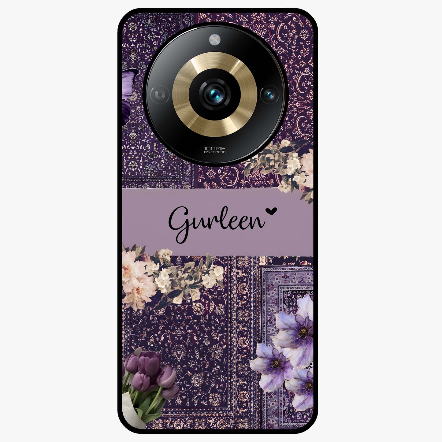 Antique Floral Whisper Custom Name Glass Case showing flat back view with vintage floral artwork and personalized name design.