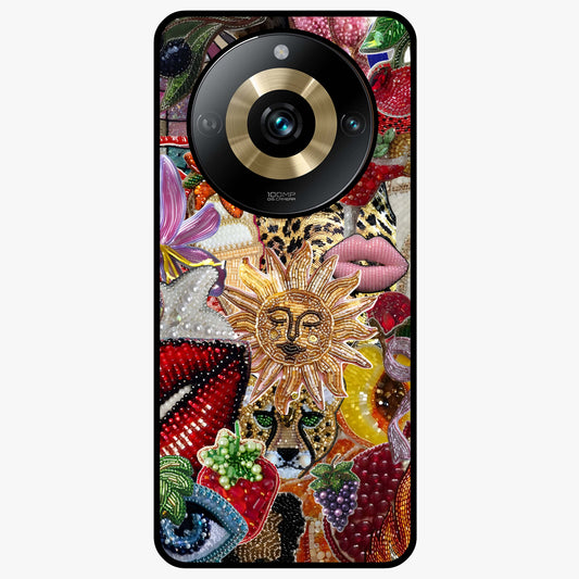 Beaded Fashion Jungle Glass Case showing flat back view with vibrant jungle inspired bead artwork and glossy glass finish.