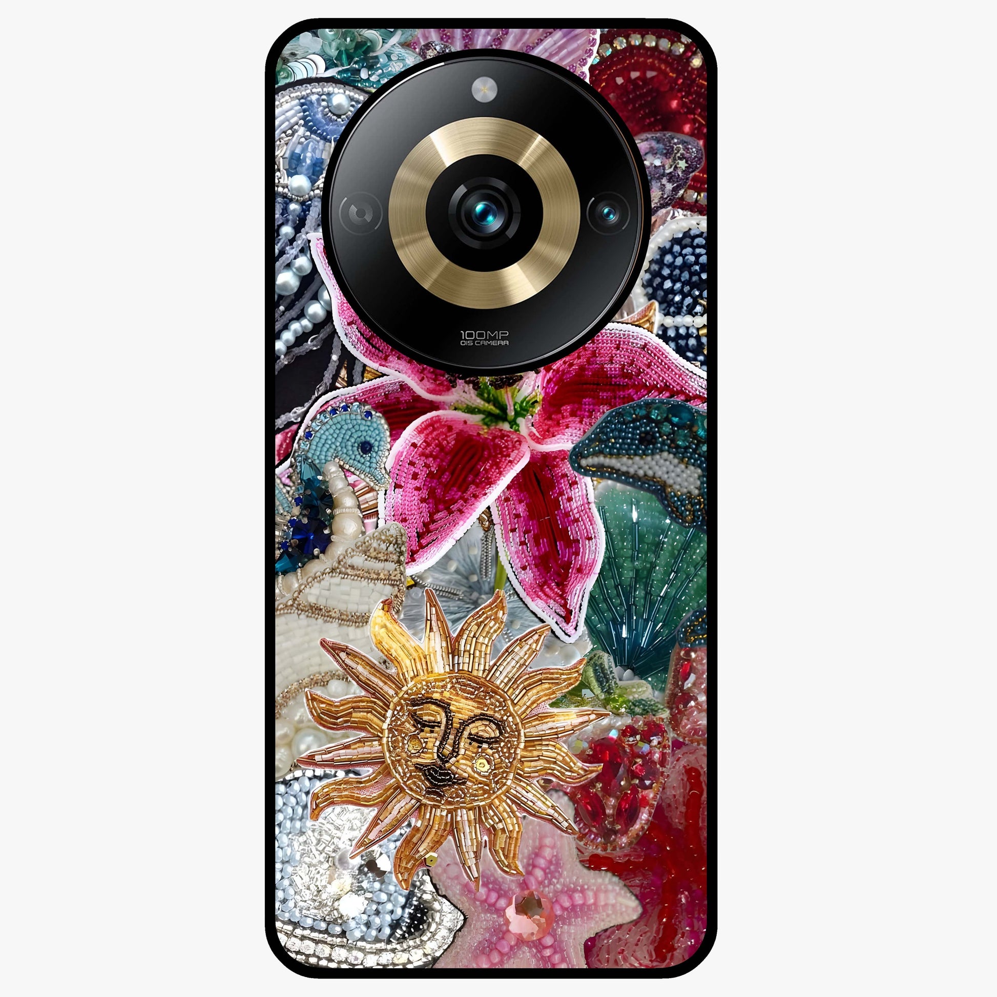Beaded Garden Fantasy Glass Case showing flat back view with dreamy garden bead artwork and glossy glass finish.