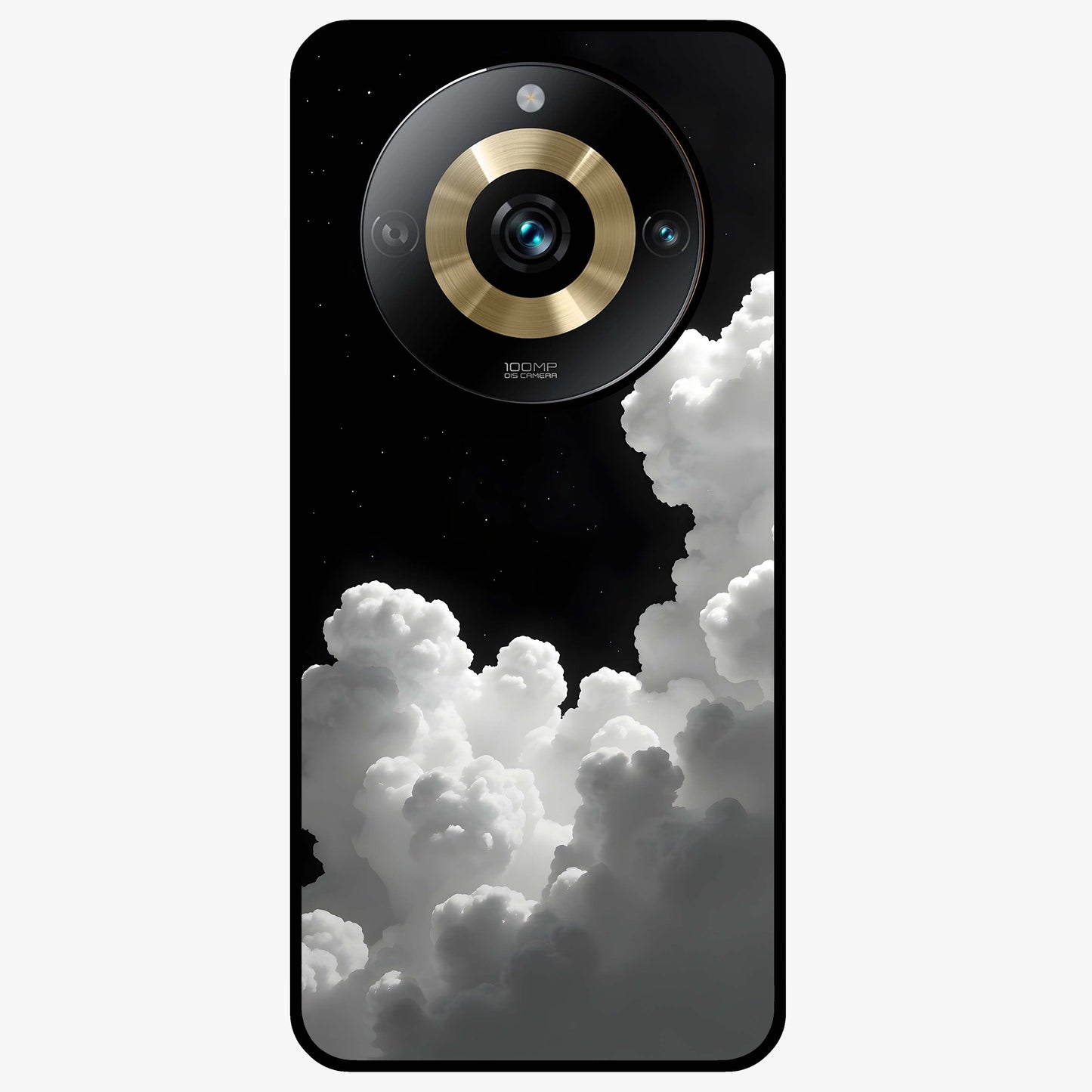 Black Background With White Cloud Glass Case showing flat back view with minimal cloud artwork on dark background and glossy glass finish.