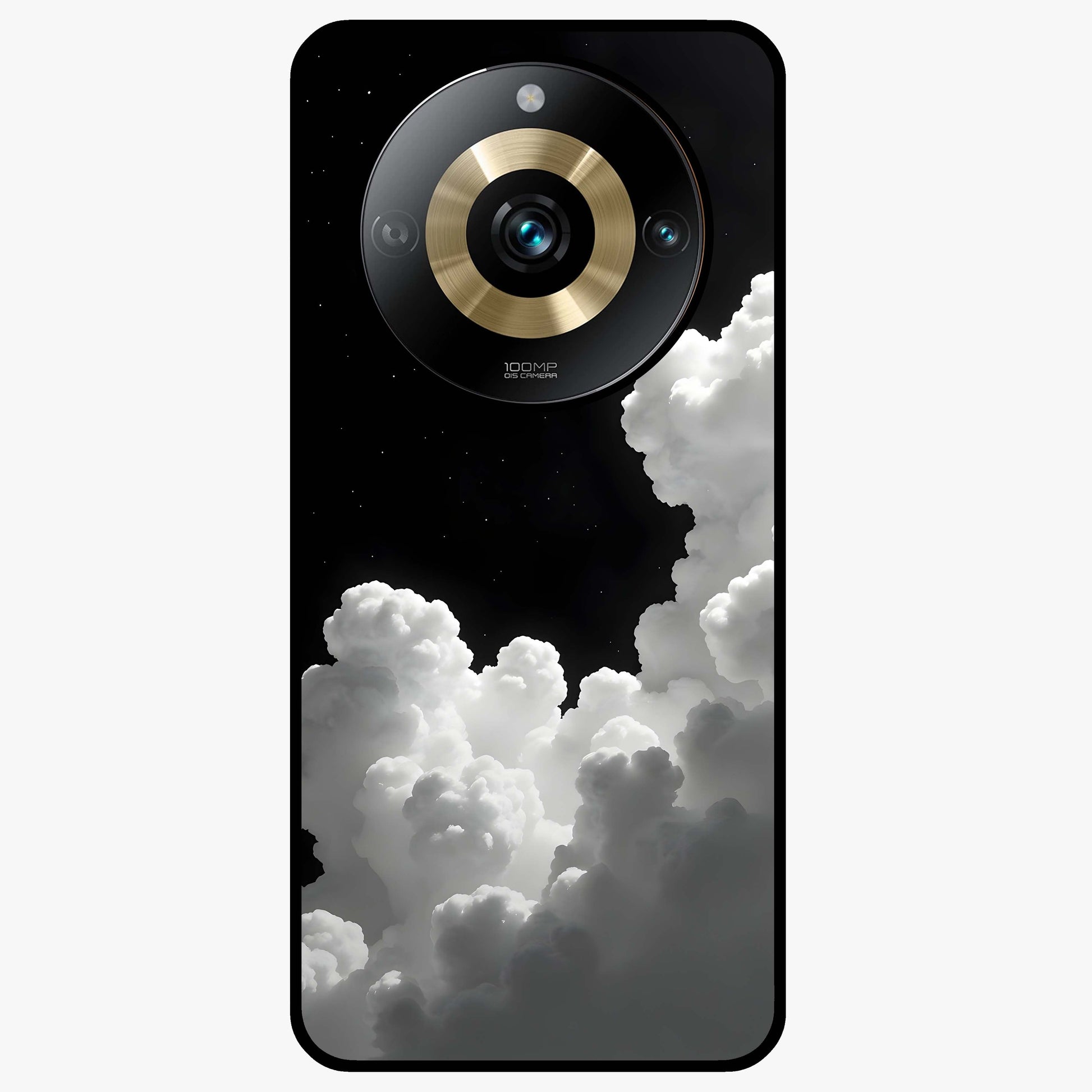 Black Background With White Cloud Glass Case showing flat back view with minimal cloud artwork on dark background and glossy glass finish.